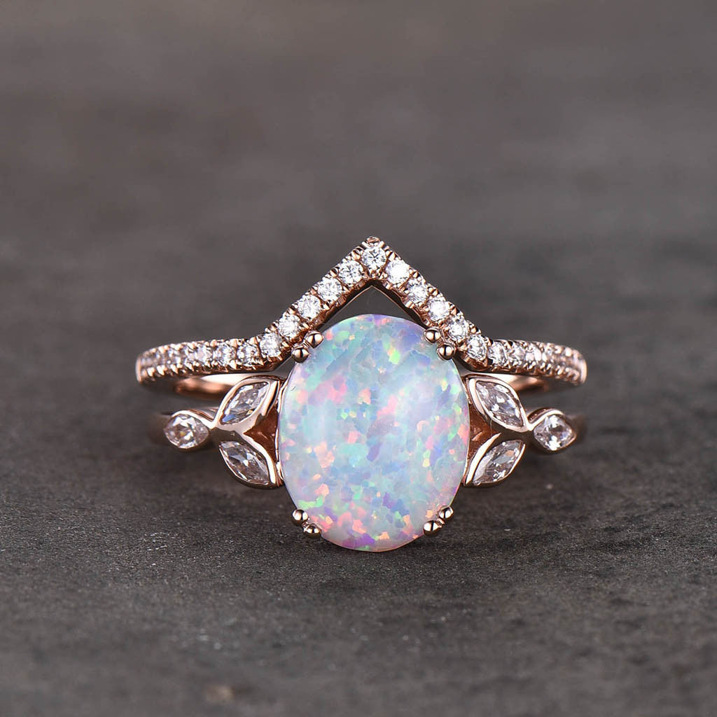 Opal Wedding Ring Set - White Fire Opal Floral Engagement Ring & Rose Gold Plated Curve Wedding Band - Unique Silver Bridal Jewelry for Women - Perfect for Proposals, Anniversaries & Romantic Occasions