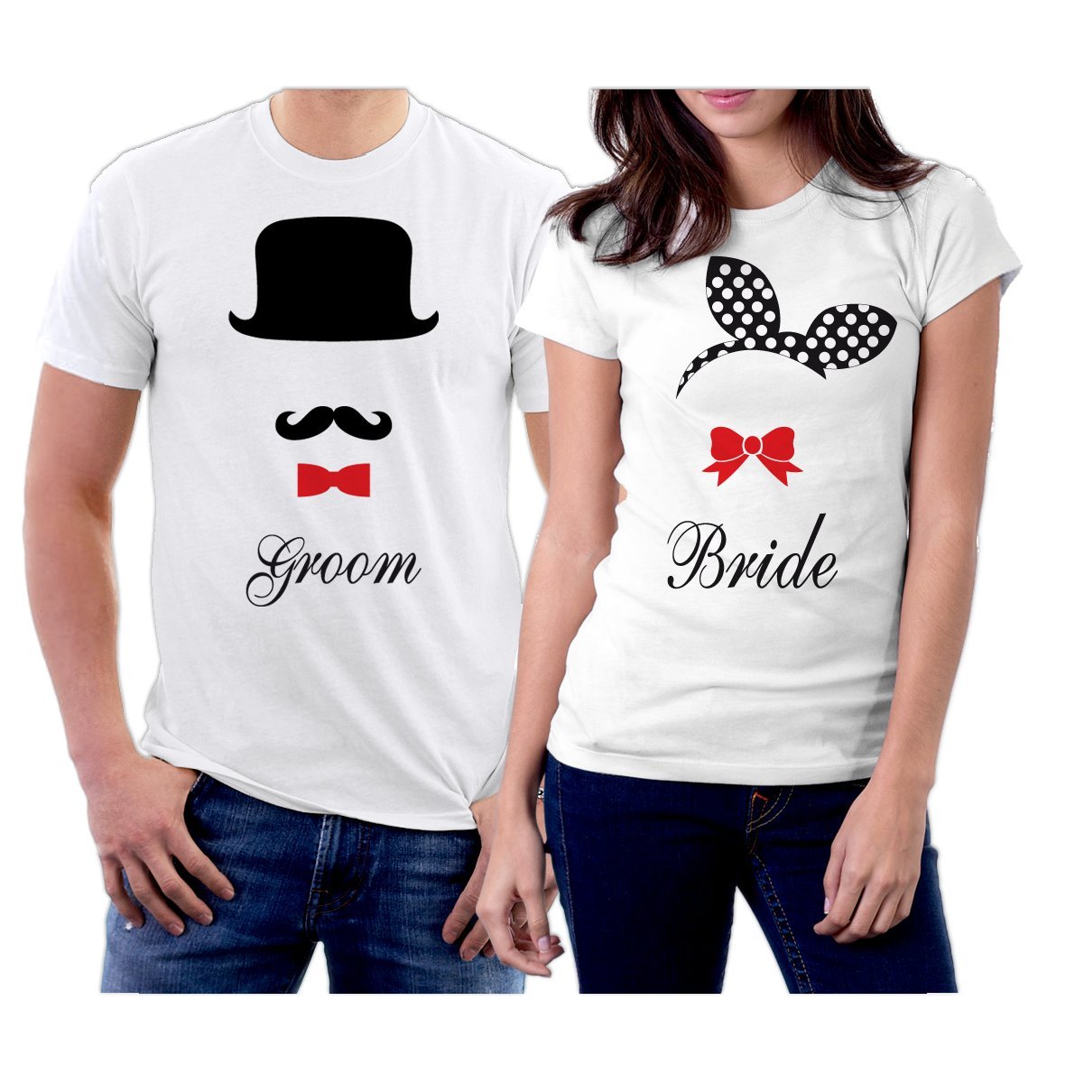 Matching Groom and Bride Hat Ribbon Couple T-Shirts - Wedding Party Outfits for Bride & Groom - Perfect for Engagement, Bachelorette, and Honeymoon