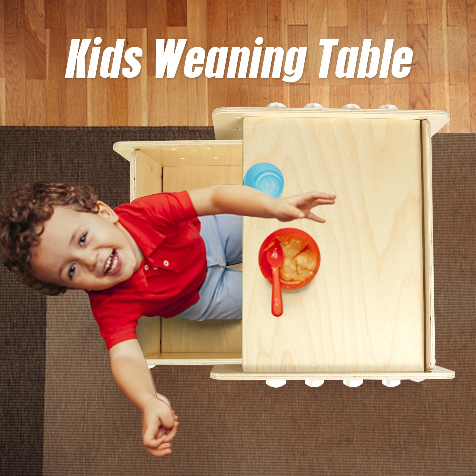 WOOD CITY Montessori Weaning Table and Chair Set (19.7 Inch) - Adjustable Height Solid Hardwood Toddler Desk for Reading, Snacking & Learning Activities | Kids Step Stool & Activity Cube | Montessori Furniture for Children Ages 3-6 | Perfect for Homeschooling, Playrooms & Daycare Centers