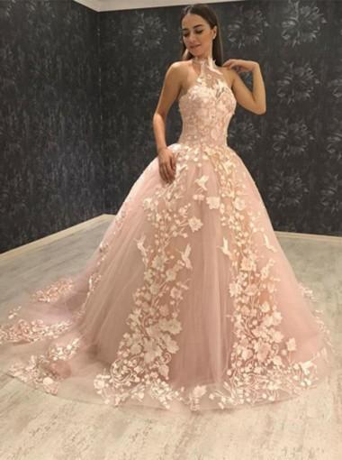 Elegant Light Peach Halter Lace A-Line Long Evening Prom Dress 17611 - Perfect for Formal Dances, Weddings & Special Occasions