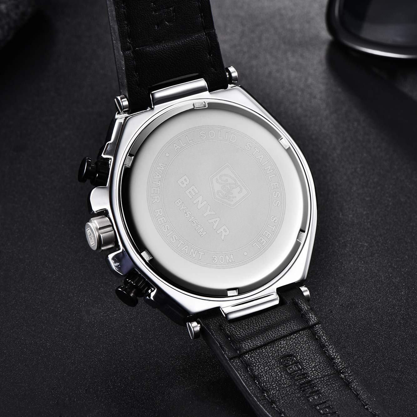 BENYAR Men's Chronograph Date Waterproof Sports Watch - Leather Strap Business Wristwatch for Office, Outdoor & Casual Wear