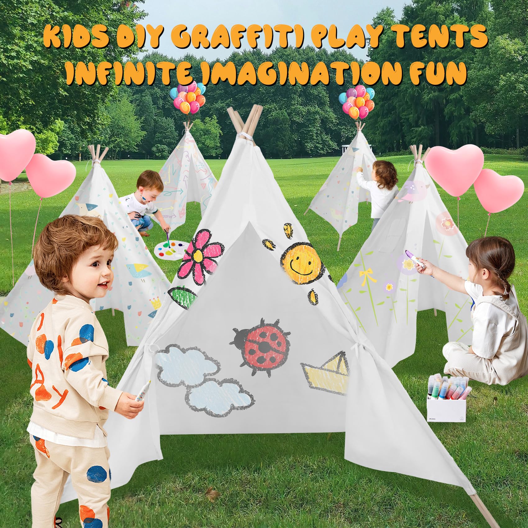 6 Pack Kids Teepee Tent with Thickened Fabric, LED Light String & Inflatable Air Mattress - Indoor Outdoor Play Tent for Girls Boys Sleepovers, Birthday Parties & Camping Adventures (White)