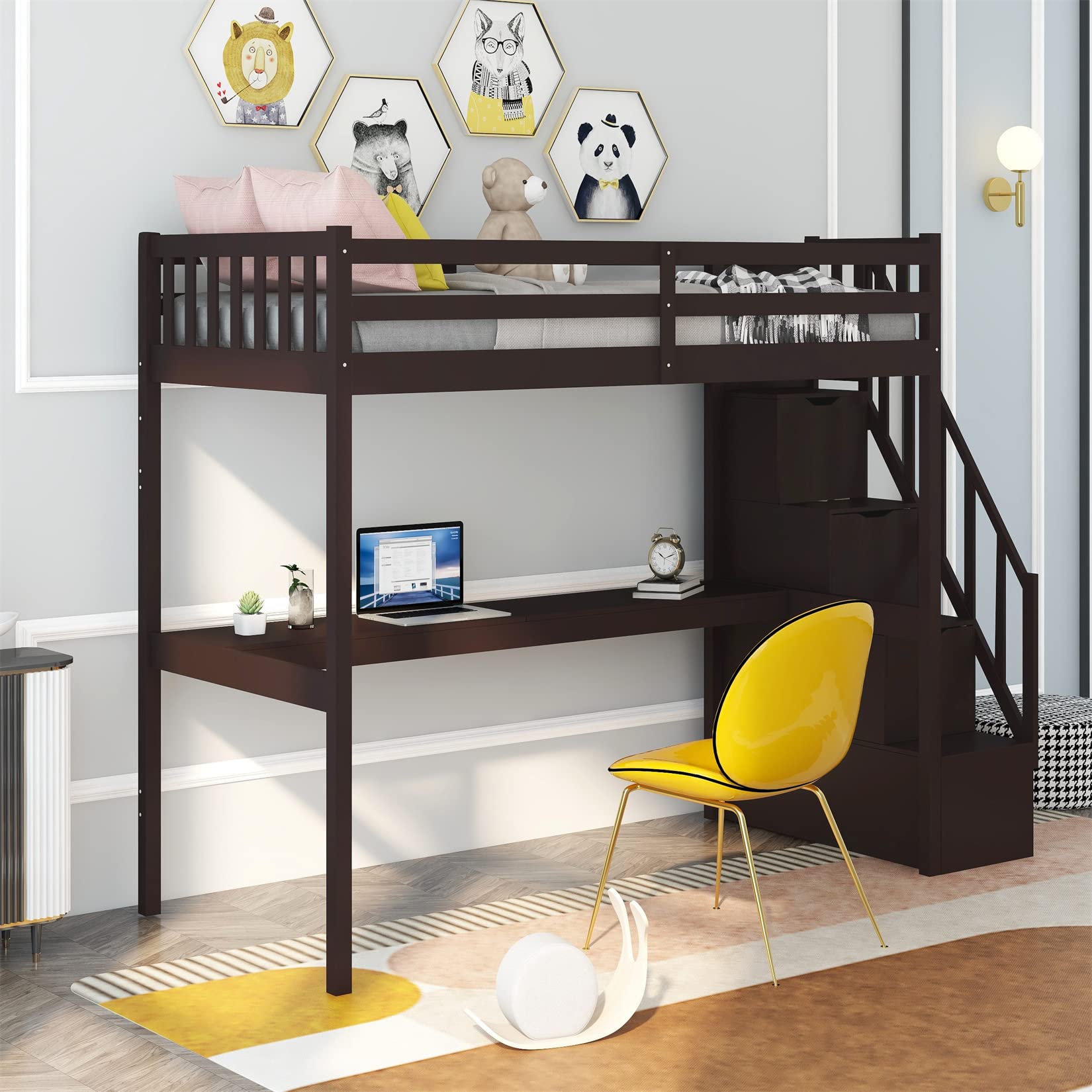 **Twin Loft Bed with Desk & Storage - Sturdy Wood Loft Bed Frame with Staircase - Space-Saving Kids Bed for Boys, Girls & Teens - Espresso Finish - Perfect for Small Bedrooms & Dorm Rooms**