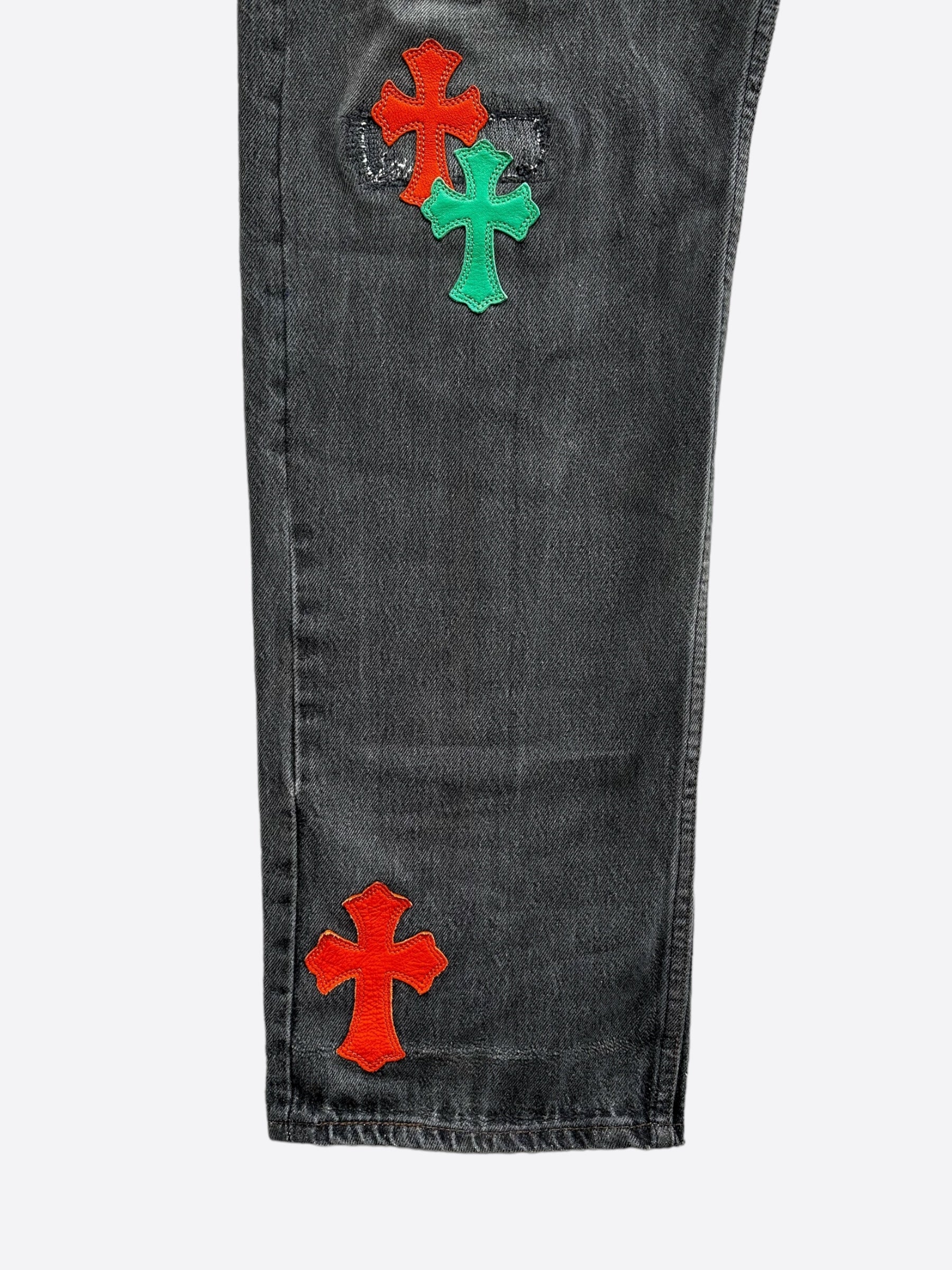 Chrome Hearts x Levi's Miami Patch Jeans - Grey, Green & Orange Distressed Denim for Men | Vintage Style Streetwear & Casual Outfits