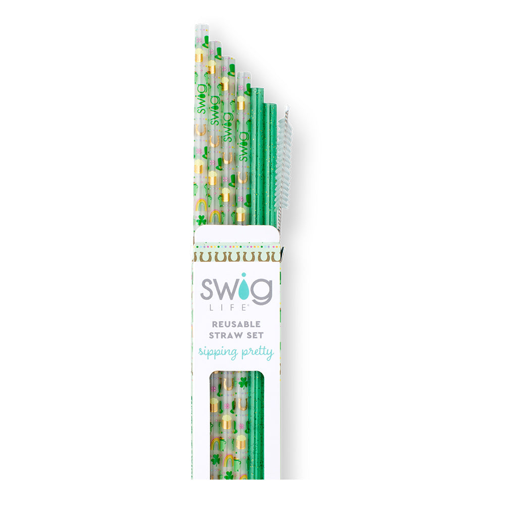 Eco-Friendly Lucky Charm Green Glitter Reusable Straw Set - 12 Pack Stainless Steel Drinking Straws for Smoothies, Cocktails & Iced Coffee | Perfect for Parties, Home & Travel