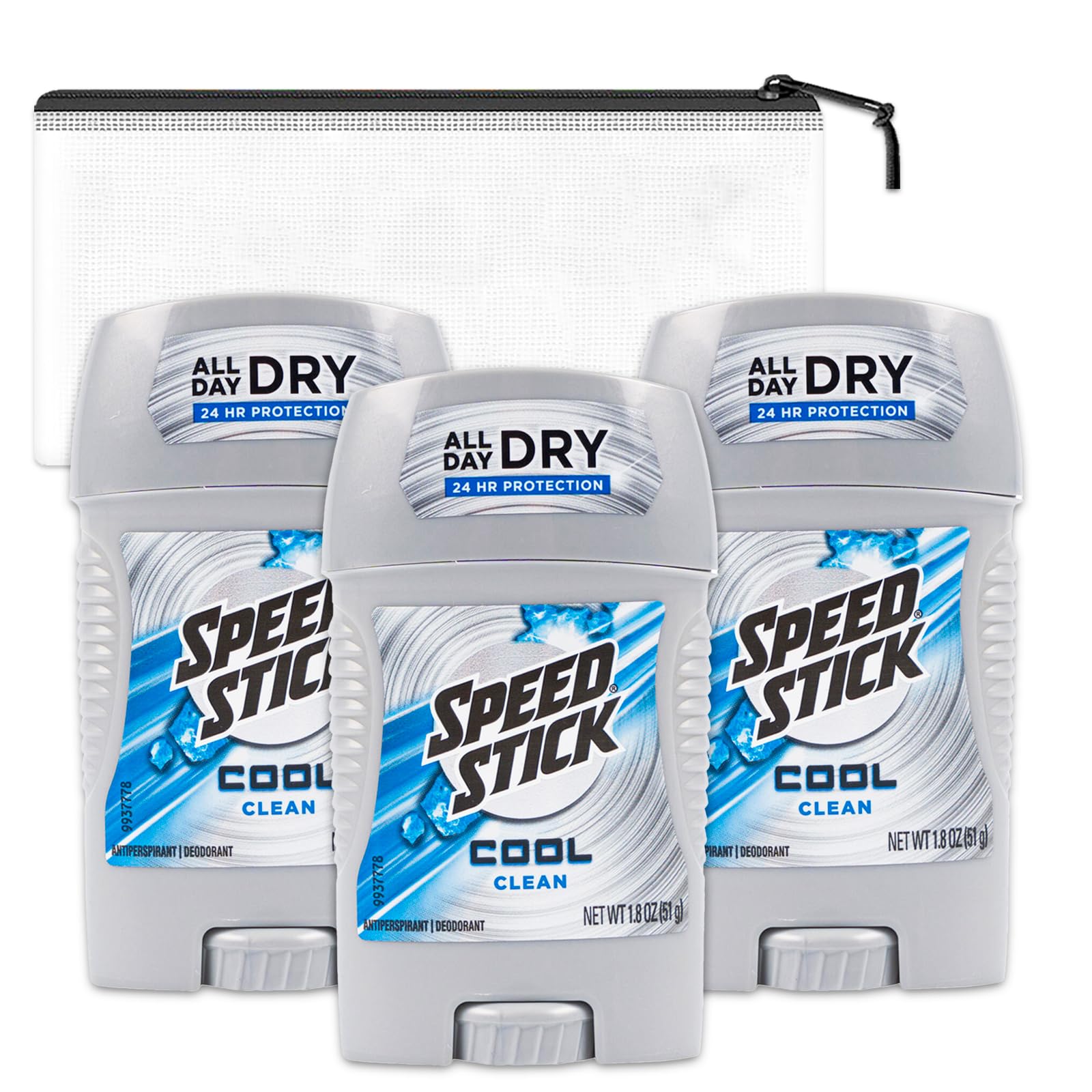 Speed Stick Cool Clean Antiperspirant Deodorant for Men - 3 Pack Travel Size (1.8 Oz Each) with Free Travel Bag | Fresh Scent, 48-Hour Protection | Ideal for Gym, Work & Travel