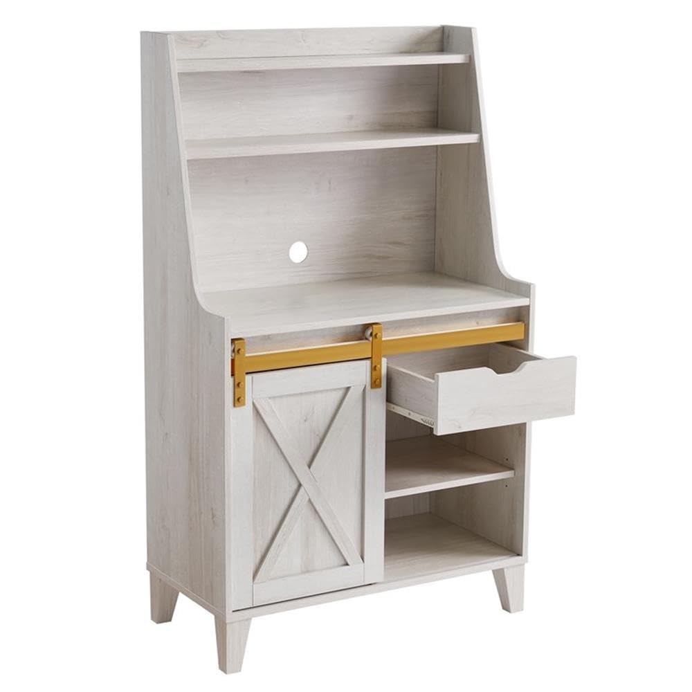 Furniture of America White Oak Baker Rack with Sliding Door - Solid Birch Wood Kitchen Storage Shelf for Pantry, Dining Room & Home Organization