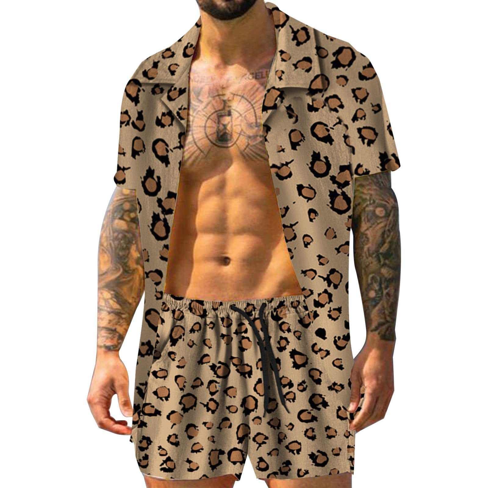 Stylish Leopard Print Short Sleeve Jumpsuit - Beach Vacation Outfit for Men & Women | Summer Casual Linen Shorts Set | Perfect for Seaside Getaways, Pool Parties & Tropical Vacations