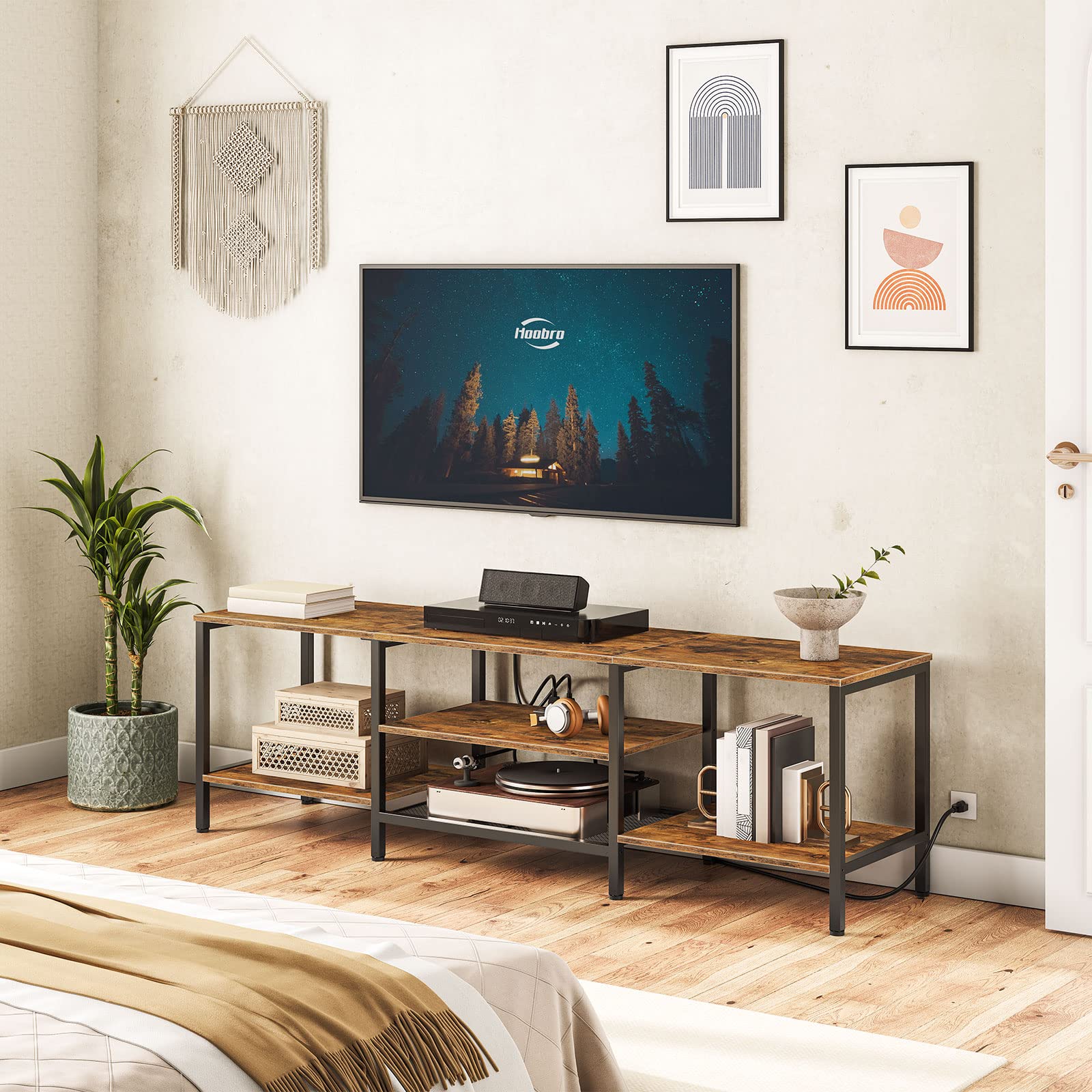 HOOBRO 75 Inch TV Stand with Power Outlets, Industrial TV Console Table with Open Storage Shelves & Cabinet, Rustic Brown and Black Media Entertainment Center - Perfect for Living Room, Bedroom, Home Theater Setup (Model BF80DS01)