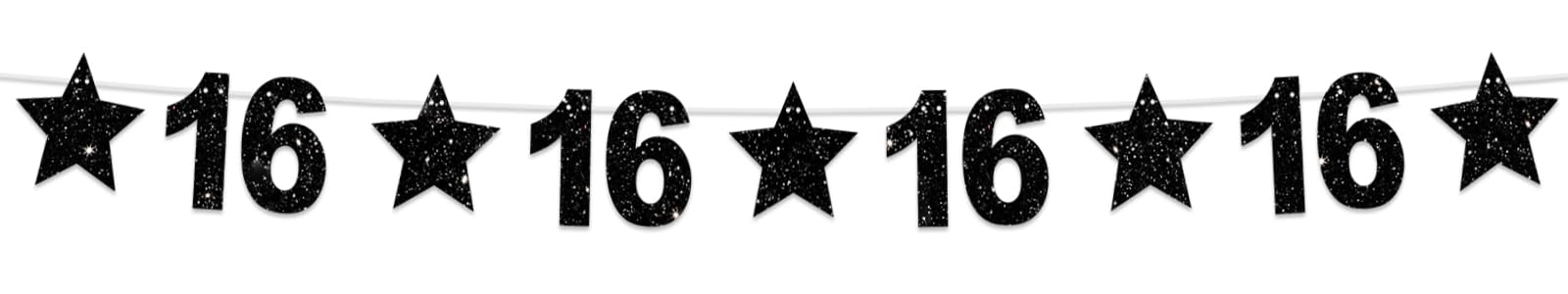 Happy 16th Birthday Glitter Black Star Banner - Shiny Star Backdrop Decor for Sweet 16 Party, Home Wall, Classroom | Cheers to 16 Years Birthday Supplies | Perfect for Teen Birthday, Anniversary & Celebration Decorations