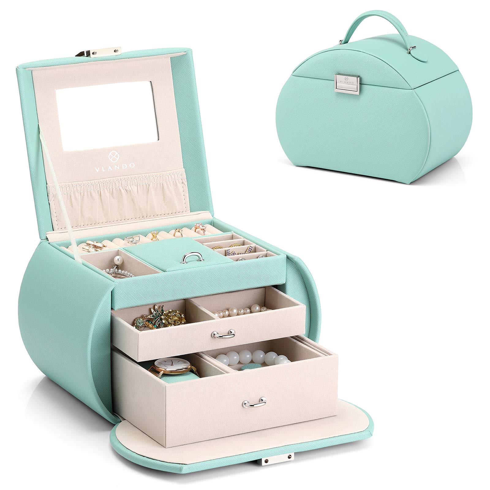 Vlando 3-Layer Princess Jewelry Box for Girls 8-14 with Mirror | Mint Green Jewelry Organizer Storage | Perfect Christmas Gift for Teens & Little Girls | Birthday Present, Bedroom Decor, Dresser Accessory
