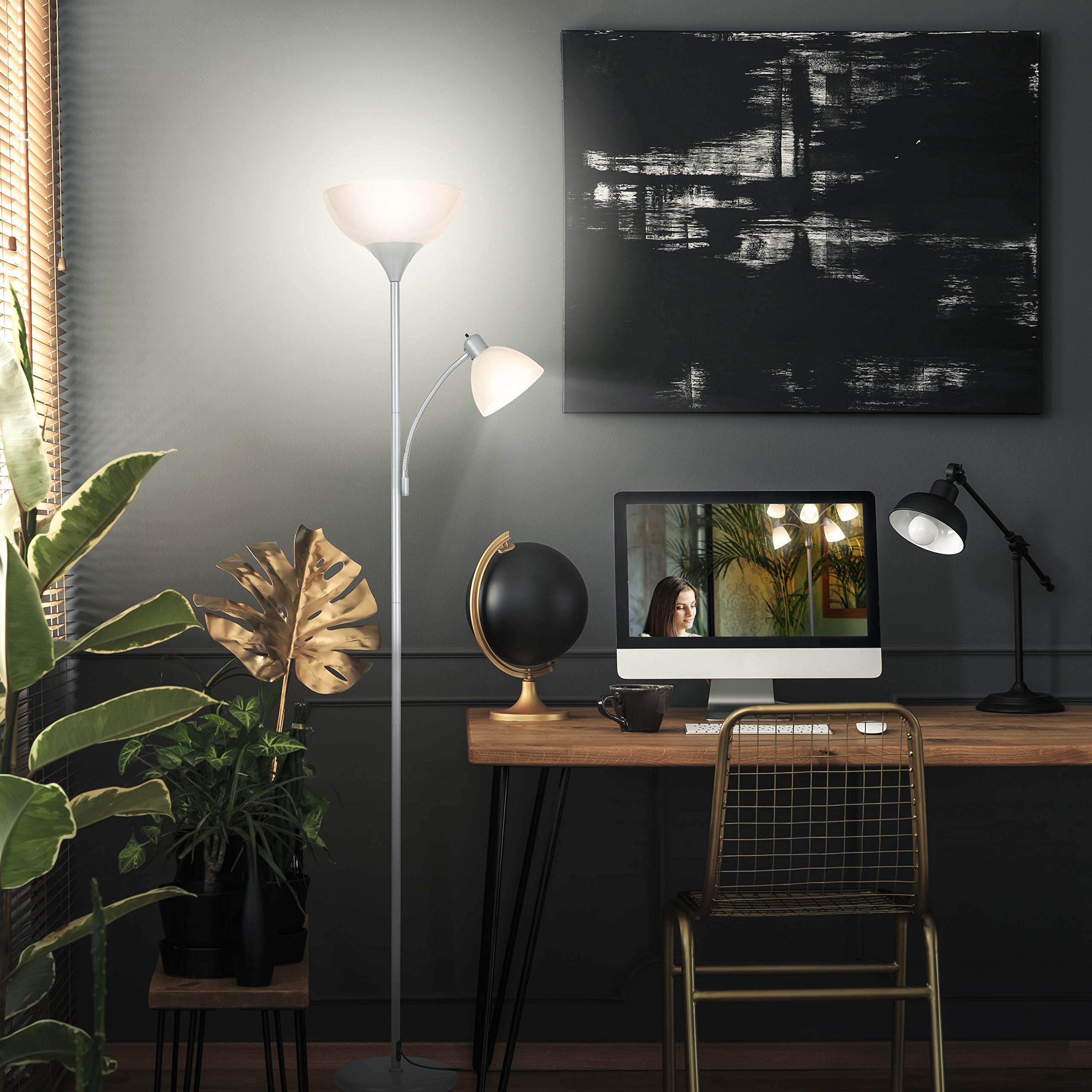 Brightech Sky Dome LED Floor Lamp Set of 2 - Dimmable Modern Standing Lamp with Matching Torchiere & Reading Light for Living Room, Bedroom, Office - Silver Finish - Perfect for Ambient Lighting & Task Reading