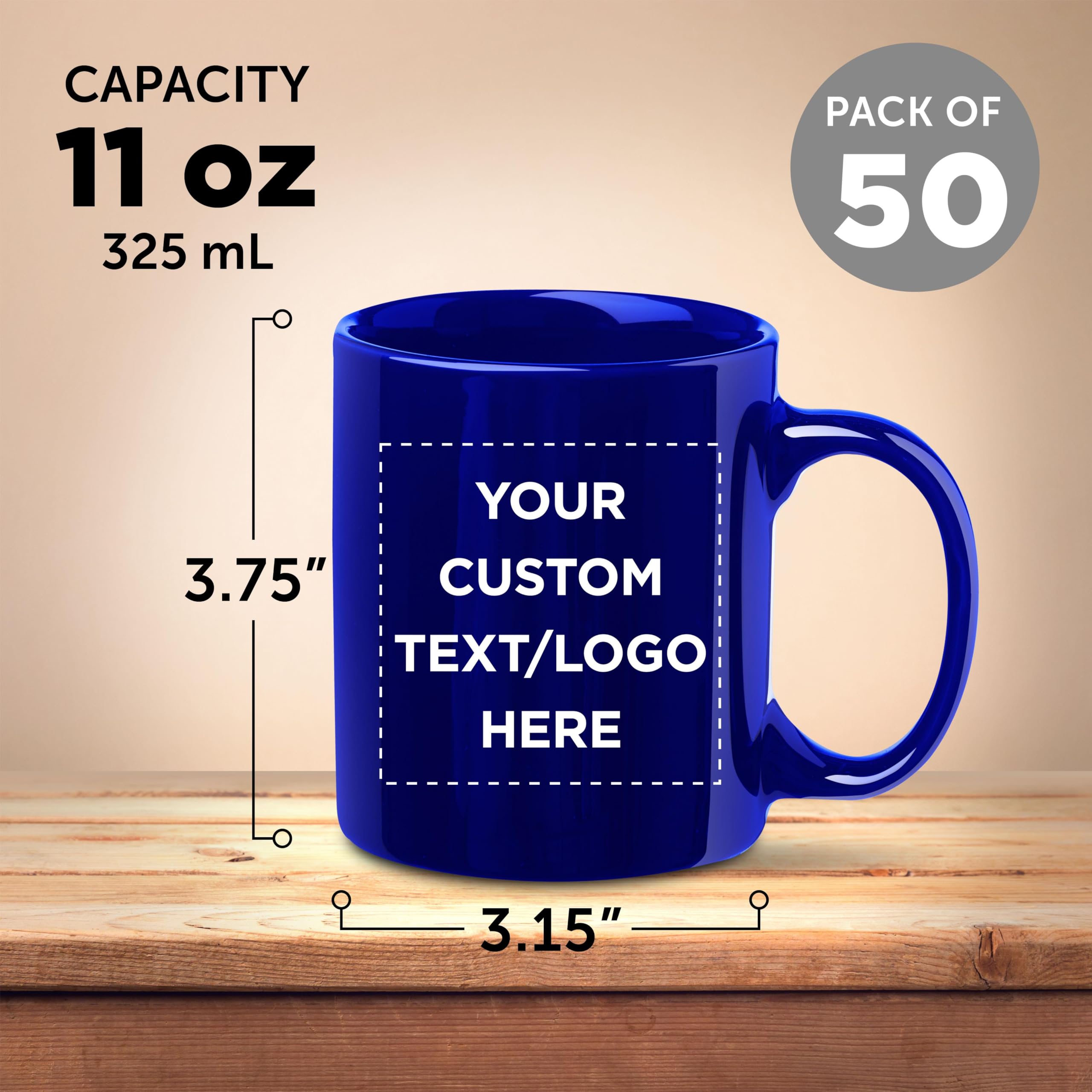 Custom Ceramic Coffee Mugs 11 oz - Bulk Set of 50 Personalized Coffee Cups for Office, Cafe & Home Use - Iced Coffee & Gaming Mugs in Cobalt Blue - Durable Dishwasher Safe Ceramic Mugs for Daily Use, Gifts & Promotional Events