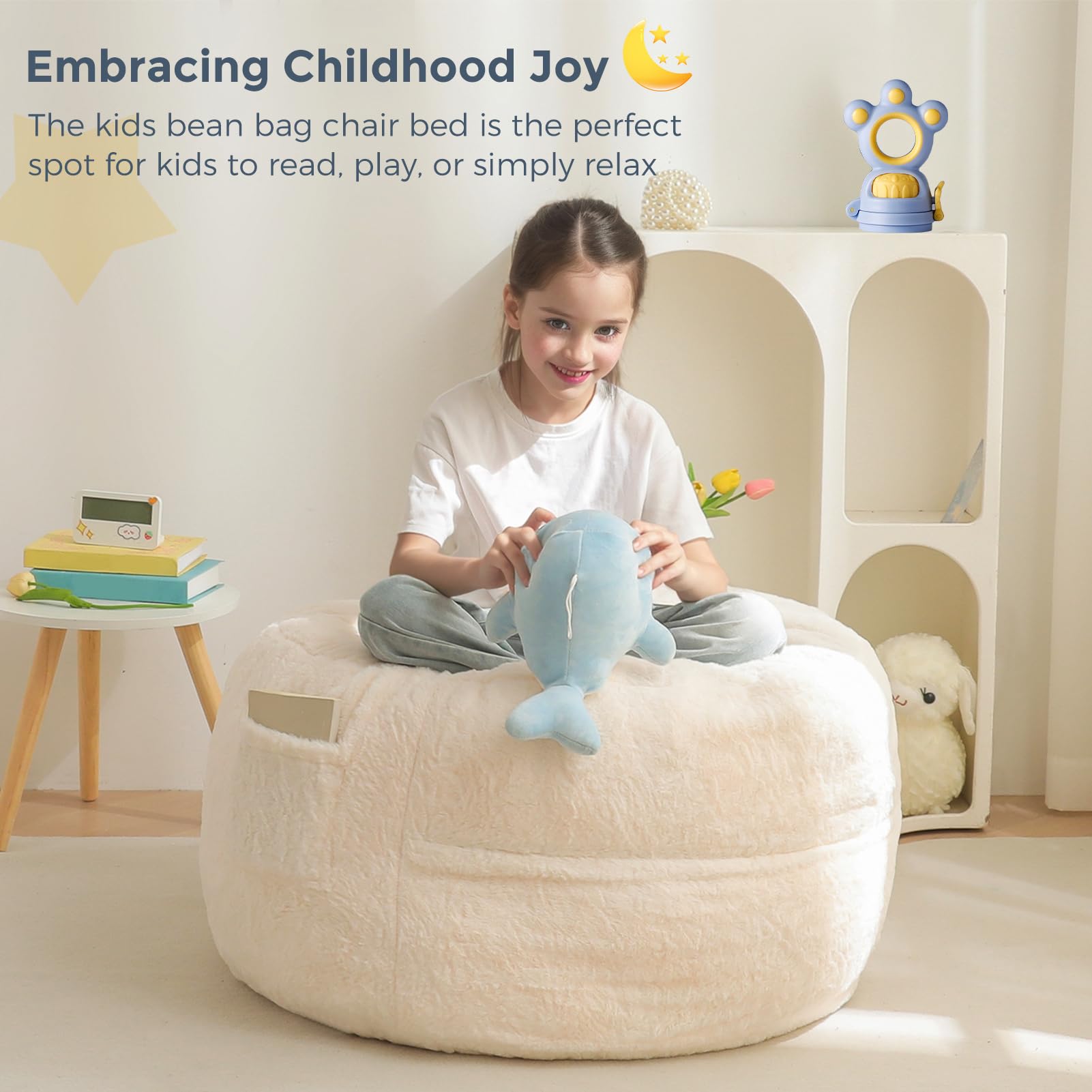 MAXYOYO Kids Bean Bag Chair Bed - Convertible Lazy Chair to Floor Mattress (Beige) | Perfect for Playroom, Bedroom & Dorm Room Relaxation