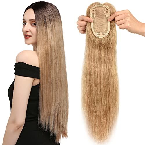 20 Inch Human Hair Toppers for Women - 180% Density Remy Hair Extensions with Silk Base, No Bangs Clip-in Hair Piece for Thinning Hair & Hair Loss (Light Golden #27, 65g) | Perfect for Daily Wear, Parties & Special Occasions
