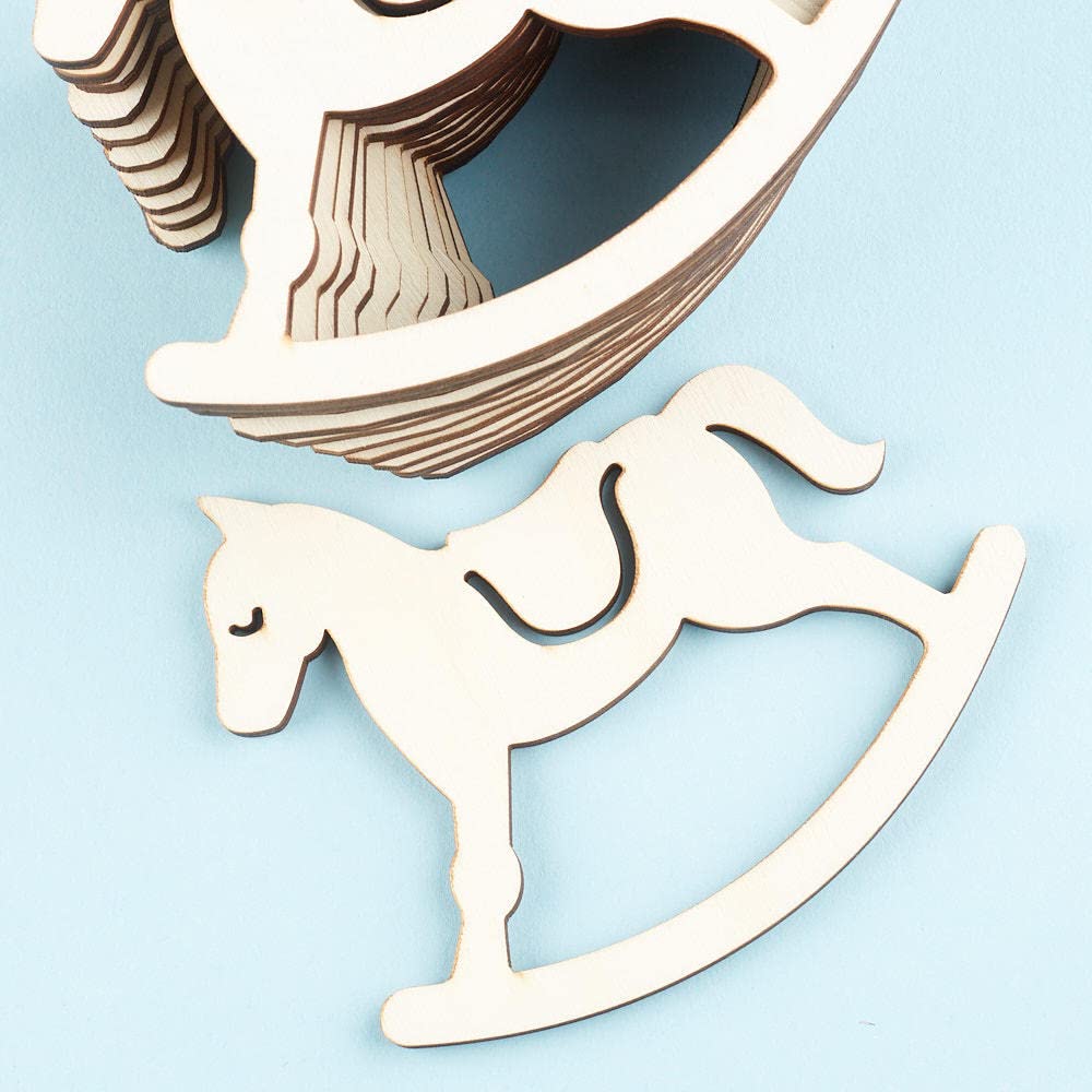 24 Unfinished Wooden Rocking Horse Cutouts for DIY Christmas Ornaments, Baby Shower Decorations & Gender Reveal Parties - Bulk Craft Supplies for Holiday Decor & Nursery Room Decorating Projects