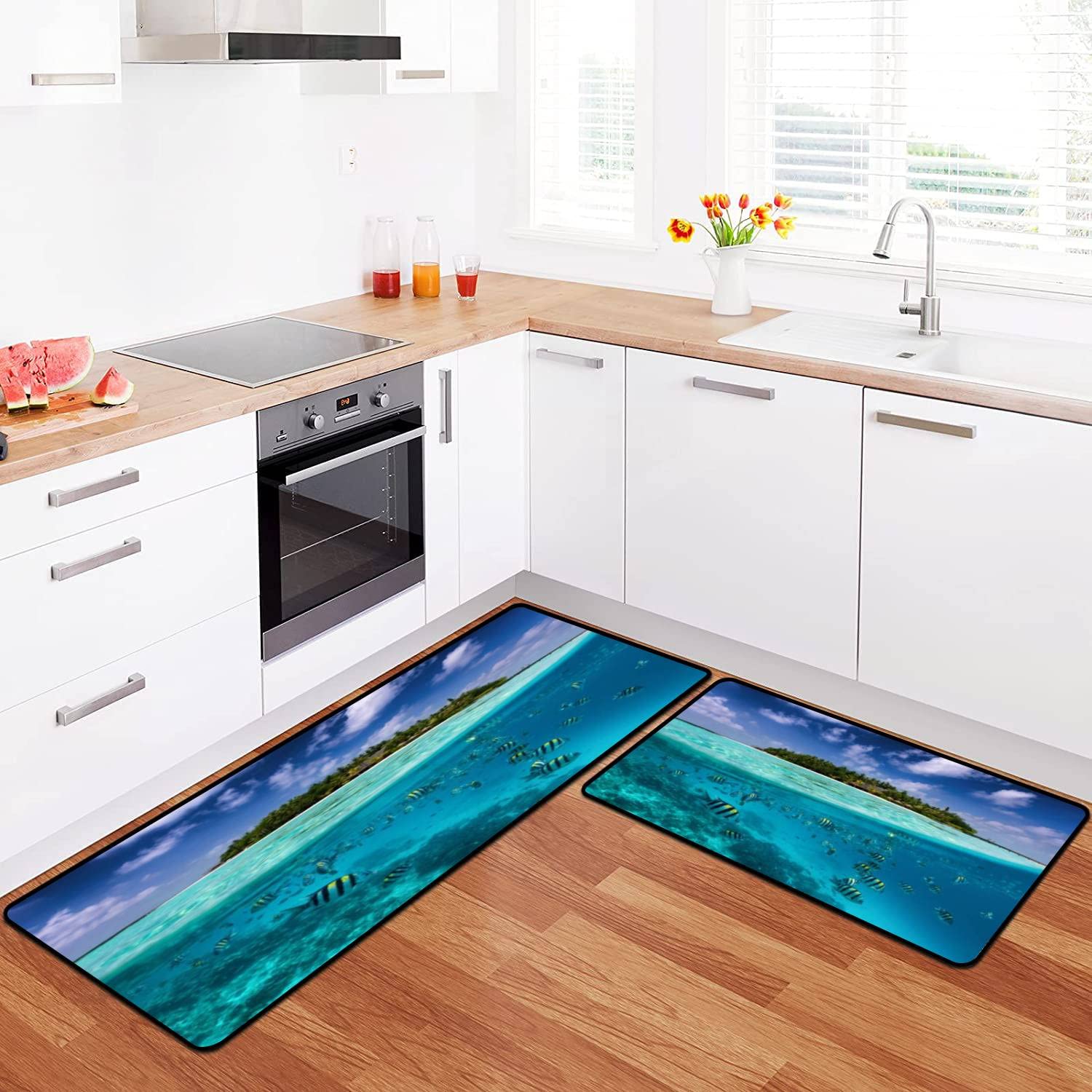 Non-Slip Washable Kitchen Rugs Set - Split View Maldives Islands Design, Anti-Fatigue Floor Mat for Standing Comfort, Kitchen Runner & Bath Rug - Perfect for Home Decor, Doormat & Carpet Protection