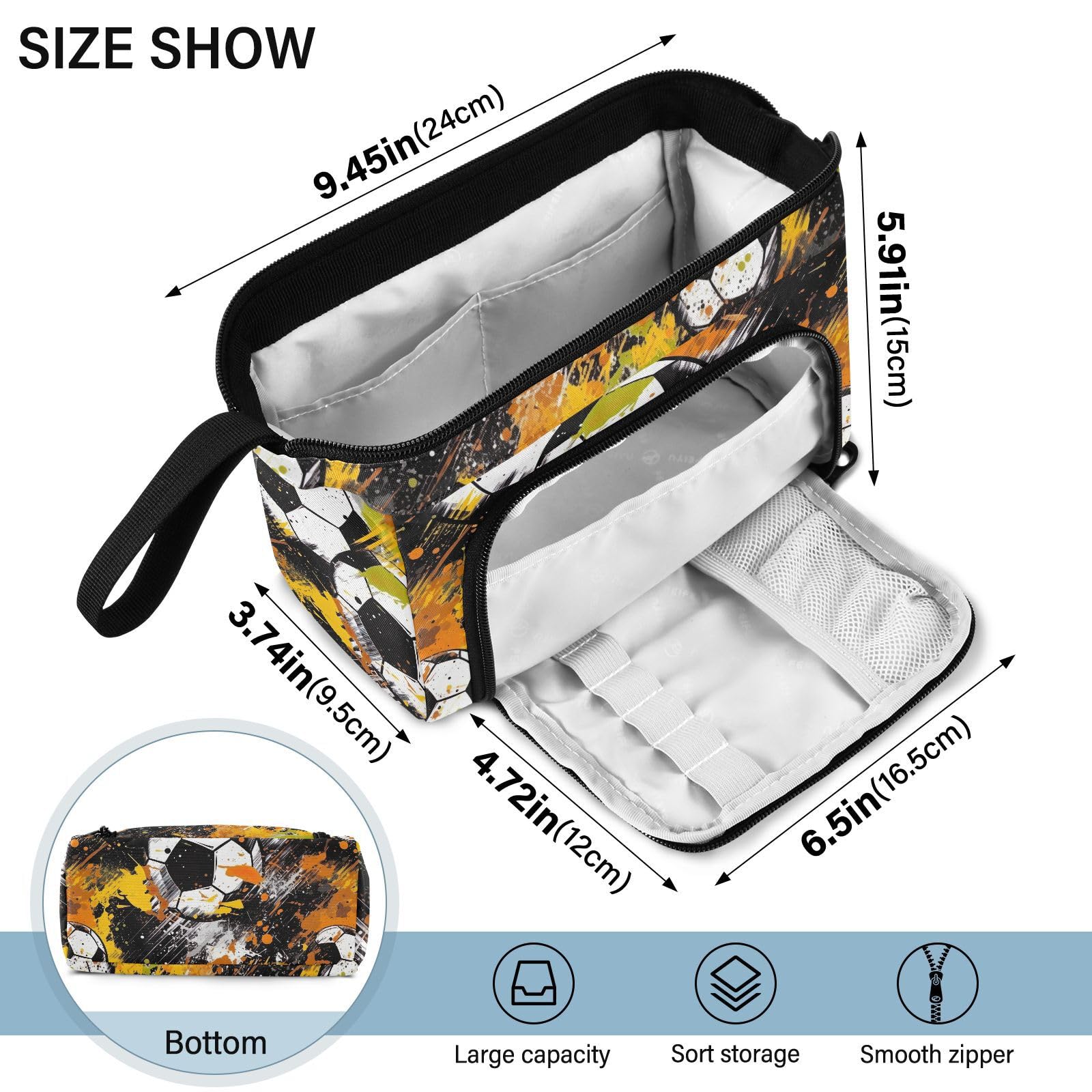 **Orange Soccer Football Design Large Capacity Pencil Case - Portable Zippered Pen Pouch Organizer for School, Teens, Boys & Girls - Aesthetic Stationery Bag for Students, Office & Travel**