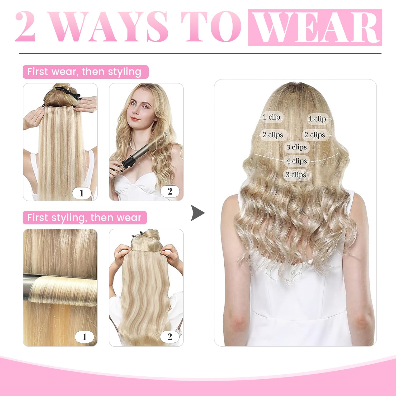 Evala Clip in Hair Extensions 7pcs 120g 20 Inch Real Human Hair - #P18/613 Ash Blonde Mix Bleach Blonde | Perfect for Parties, Weddings & Daily Styling