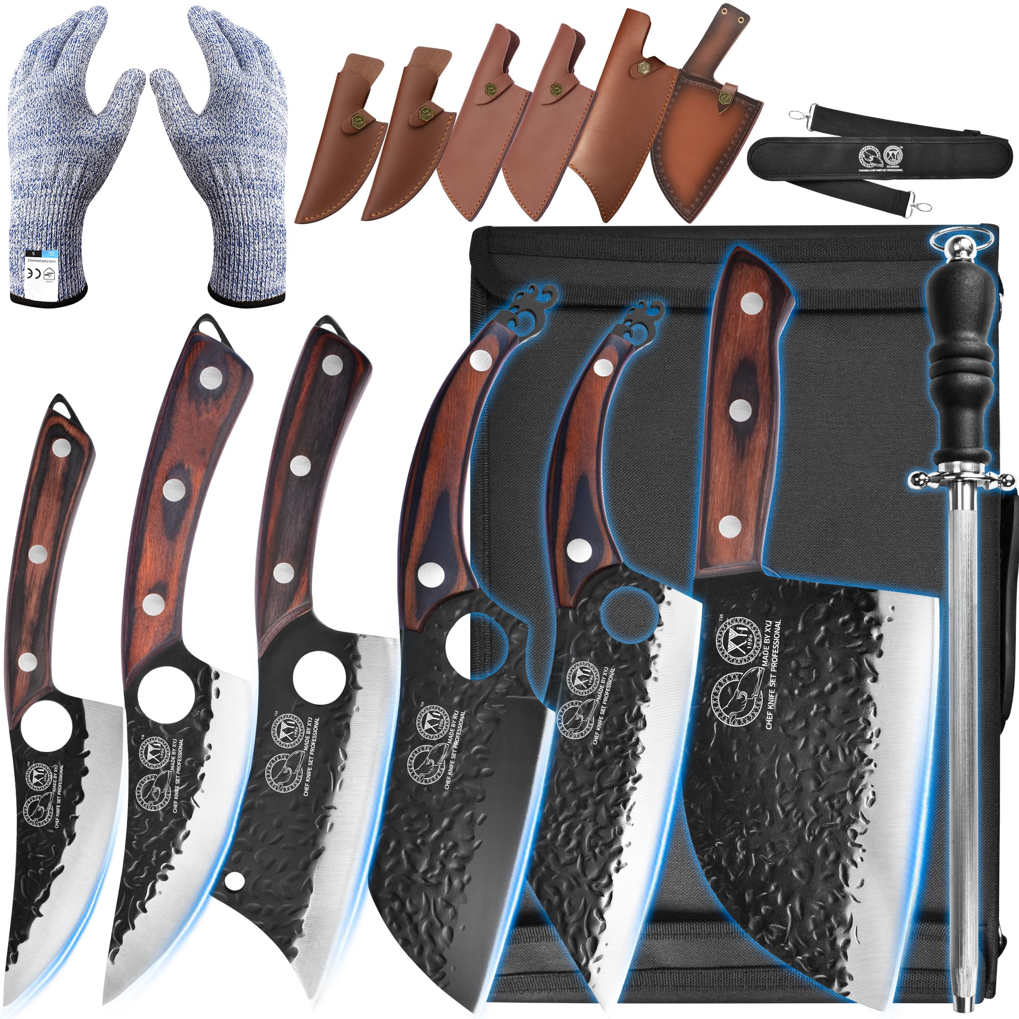 XYJ FULL TANG Camping Knives Set - Professional Chinese Butcher, Vegetable & Chef Knives with Boning Blade - Includes Leather Sheath, Roll Bag & Kitchen Tools - Perfect for Outdoor Camping, Hunting & Home Cooking