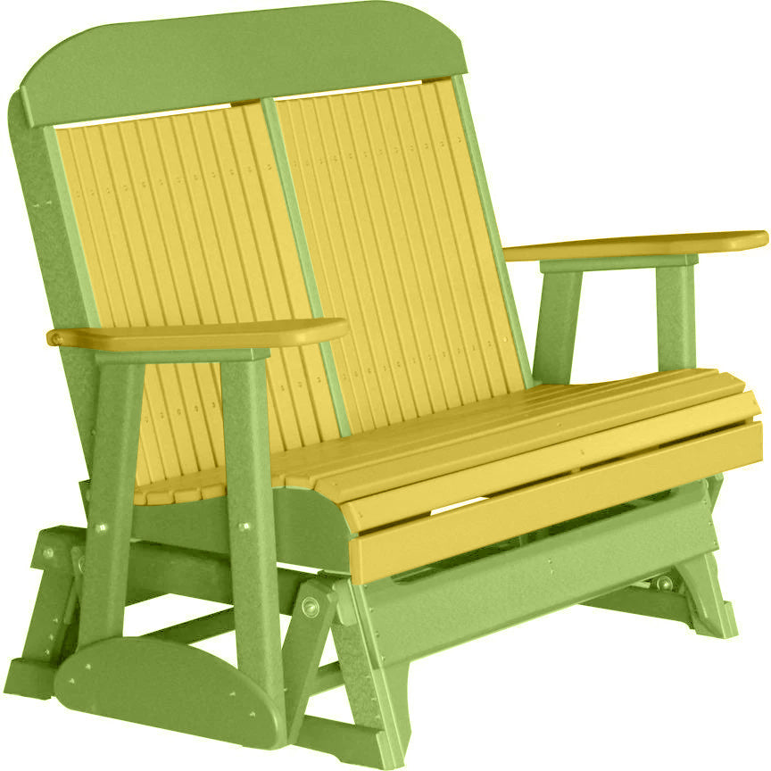 LuxCraft 4 ft. Yellow Recycled Plastic Highback Outdoor Glider Bench - Durable & Eco-Friendly Patio Seating for Garden, Porch, and Backyard Relaxation