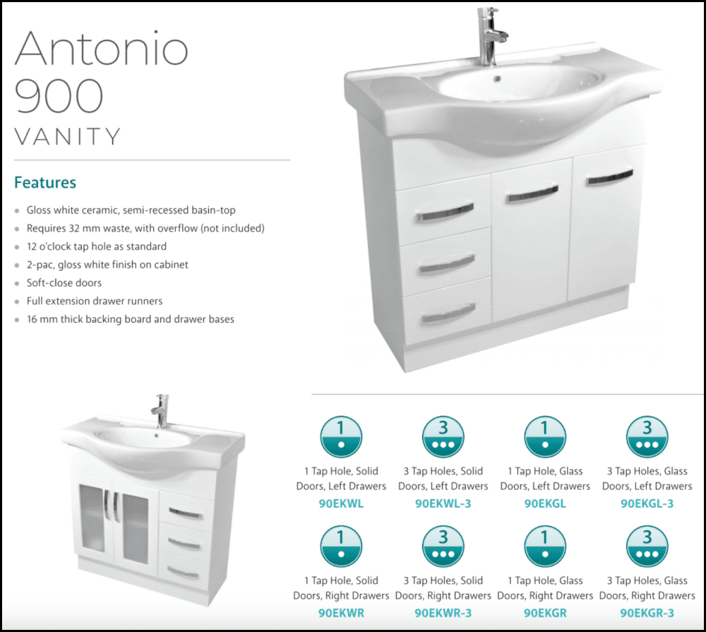 Fienza Antonio 90EKWR 900mm White Bathroom Vanity Unit with Solid Doors & Right Drawers - Perfect for Modern Bathroom Renovations and Small Space Solutions