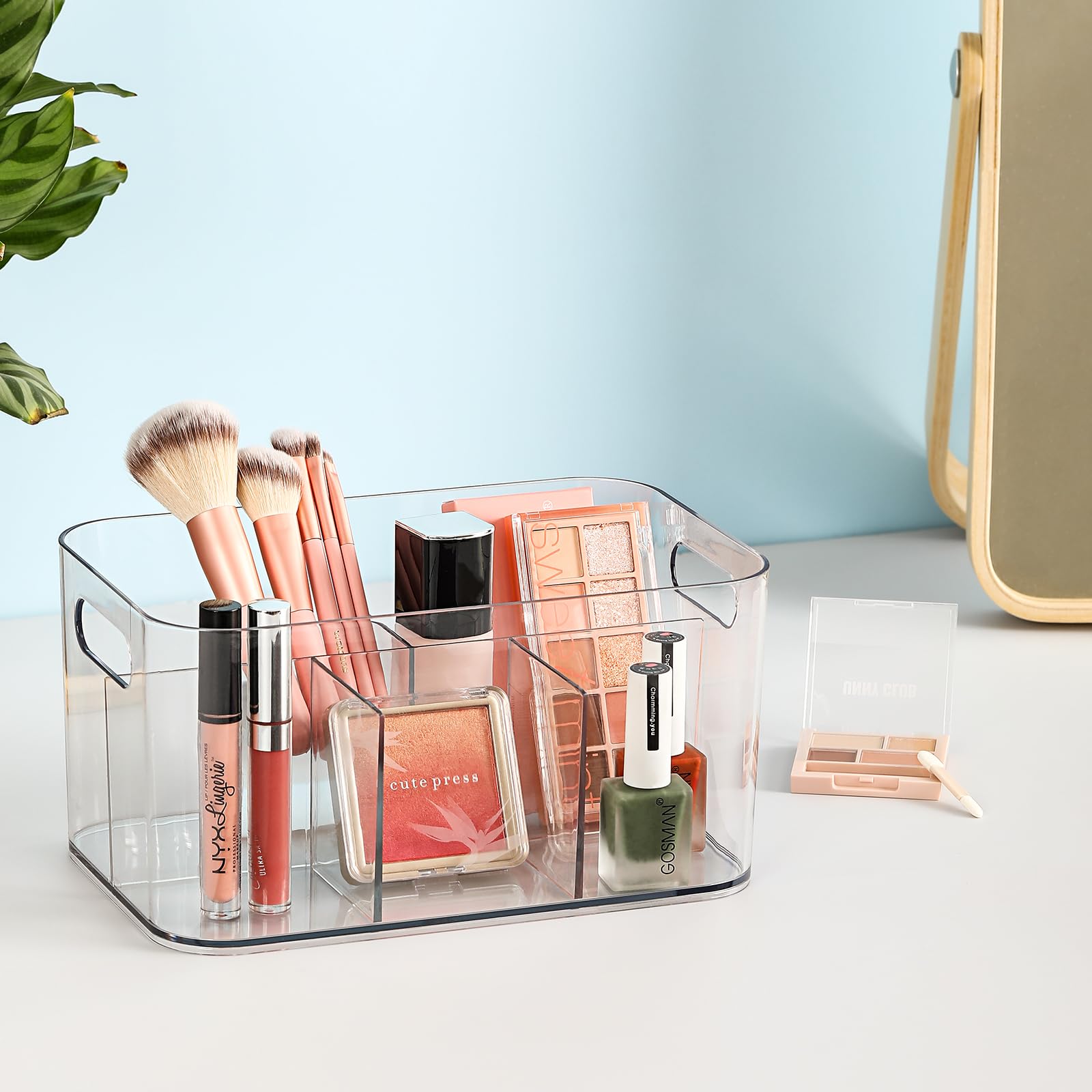 5-Compartment Clear Plastic Storage Bin - Divided Organizer for Art Supplies, Makeup & Cosmetics - Multi-Purpose Storage Container for Vanity, Bathroom, Kitchen, Office & Crafts - Perfect for Organizing Brushes, Nail Polish, Office Supplies & Cleaning Items (1 Pack)