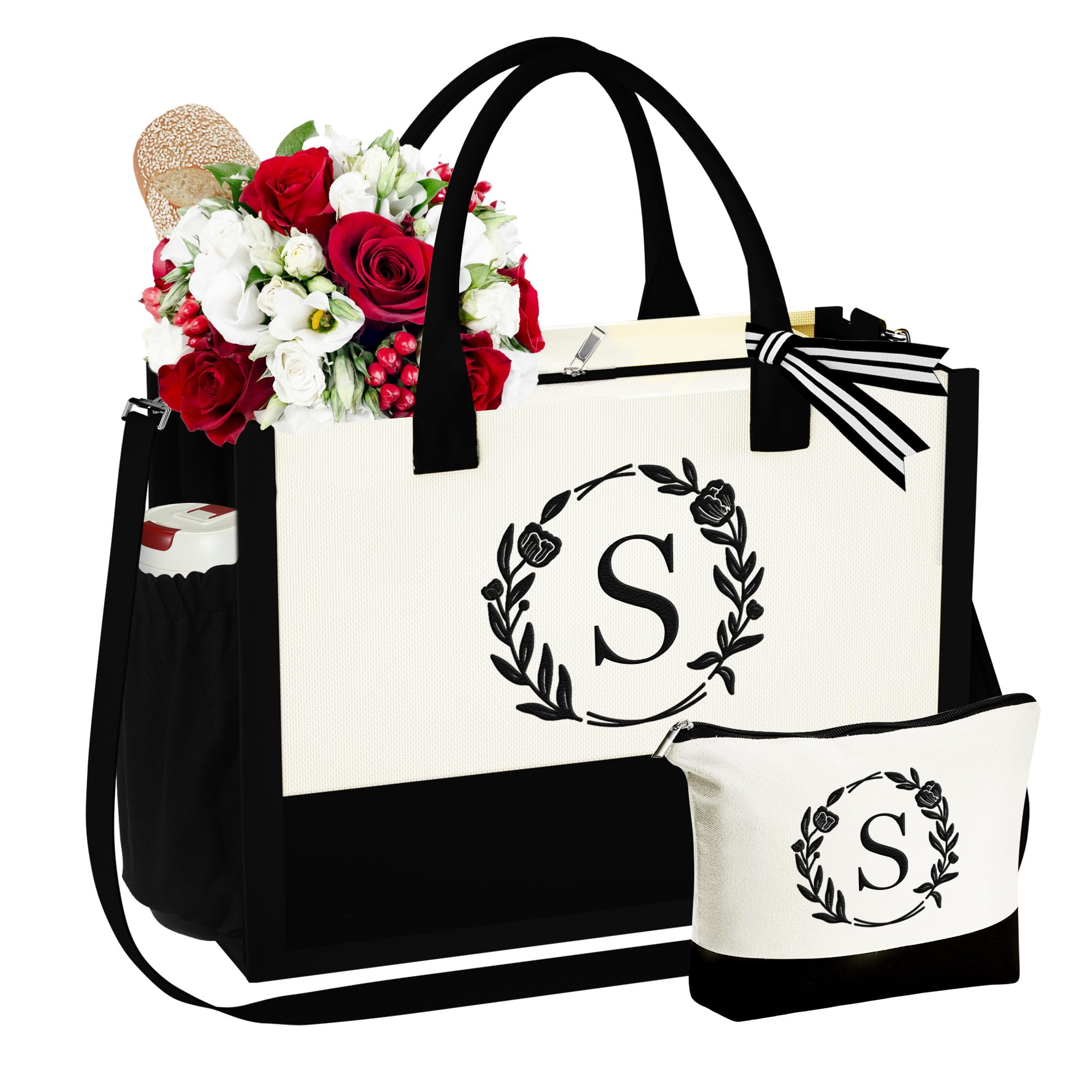 YOOLIFE Personalized Initial Canvas Tote Bag - Zippered Beach & Makeup Bag - Great Gift for Women, Mothers & Friends (Birthday, Travel, Shopping, Daily Use)