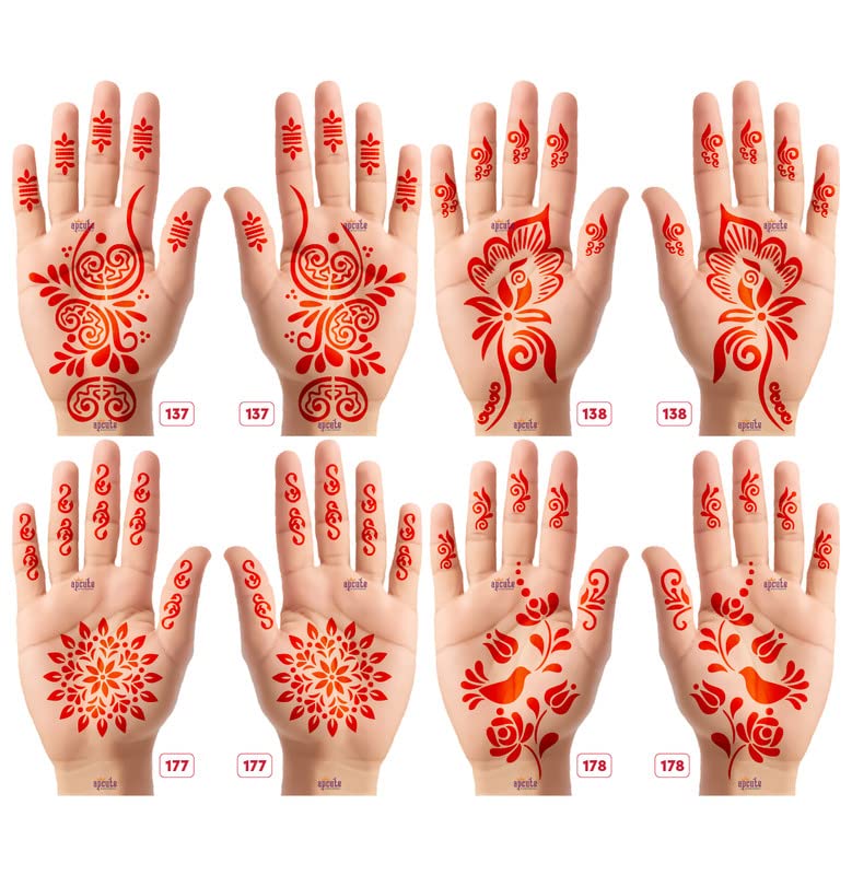 APcute Henna Tattoo Stencil Stickers for Girls, Women & Kids - Easy to Use Mehndi Design Stickers (Set of 8 Pieces) - Patterns No. 137,138,177,178 - Perfect for Parties, Weddings & Festive Celebrations
