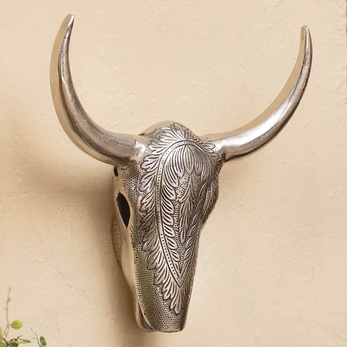 Polished Nickel Metal Bull Skull Wall Decor - Western Home Decor, Farmhouse Decor, Cowboy Decor - Perfect for Living Room, Bedroom, Bar, or Ranch Style Home
