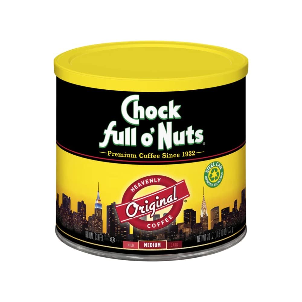 Chock Full O'Nuts Original Roast Ground Coffee - Medium Roast Coffee Beans with Smooth, Full-Bodied Flavor - 26oz Steel Can (Pack of 4) - Perfect for Home Brewing, Office Use & Gift Giving