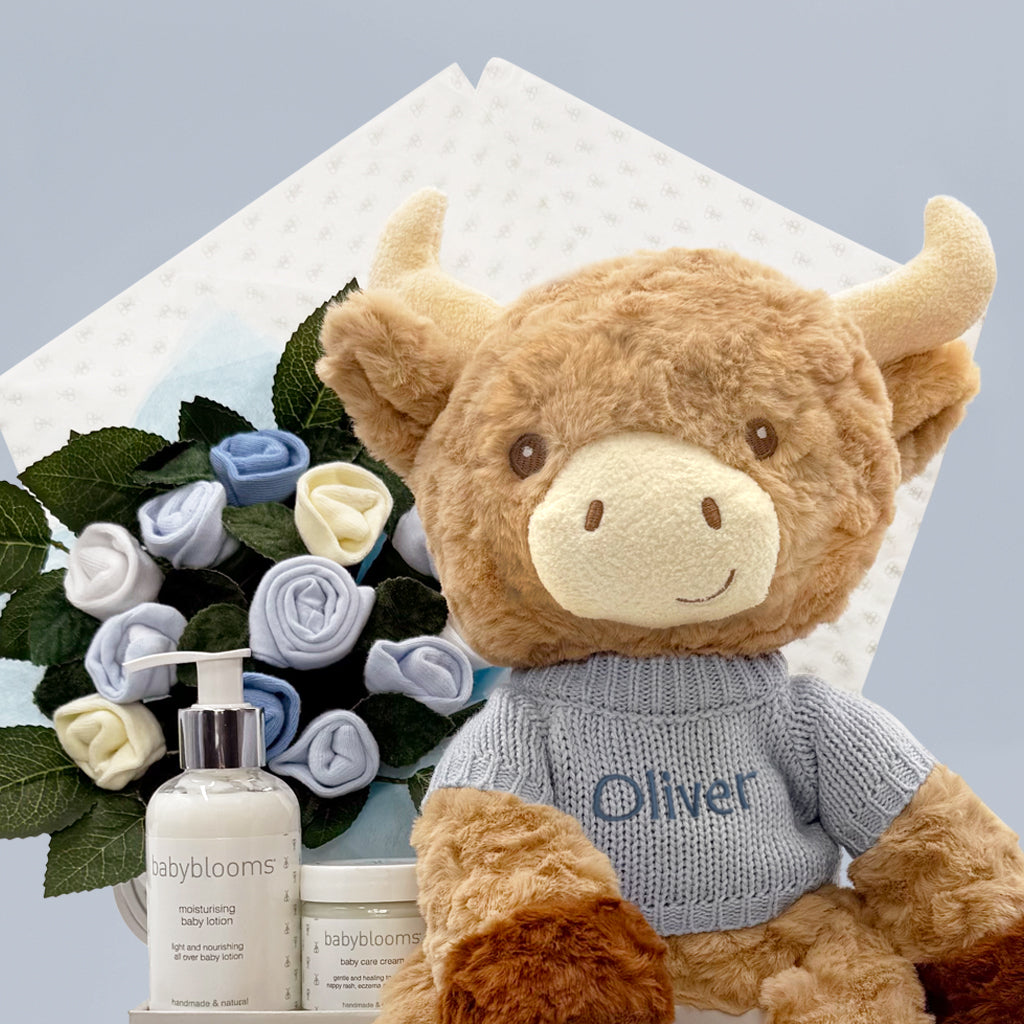 Personalized Harriet Highland Cow Welcome Baby Gift Basket - Blue | Newborn Baby Shower Gift, Nursery Decor, Unique Baby Present for Boys & Girls