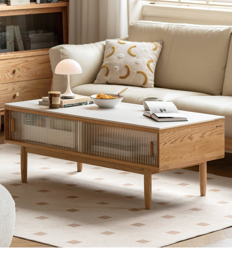 Solid Oak and Beech Wood Coffee Table with Glass Doors - Modern Living Room Furniture for Home Decor and Entertainment
