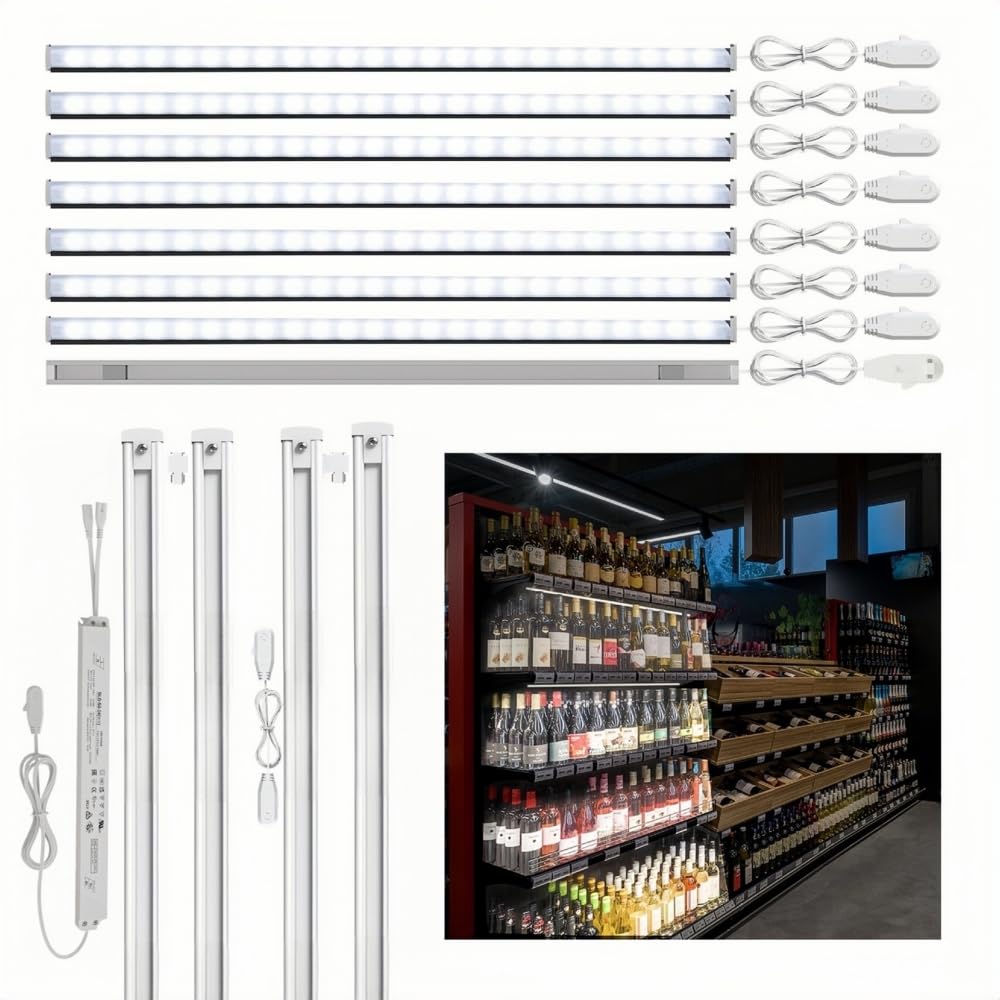 8 Pack 6000K Pure White LED Light Bars with 24V Driver & Magnetic Mounting - Gondola Shelving Lighting Kit for Supermarket Retail Display | Under Shelf Illumination for Grocery Stores & Retail Shops