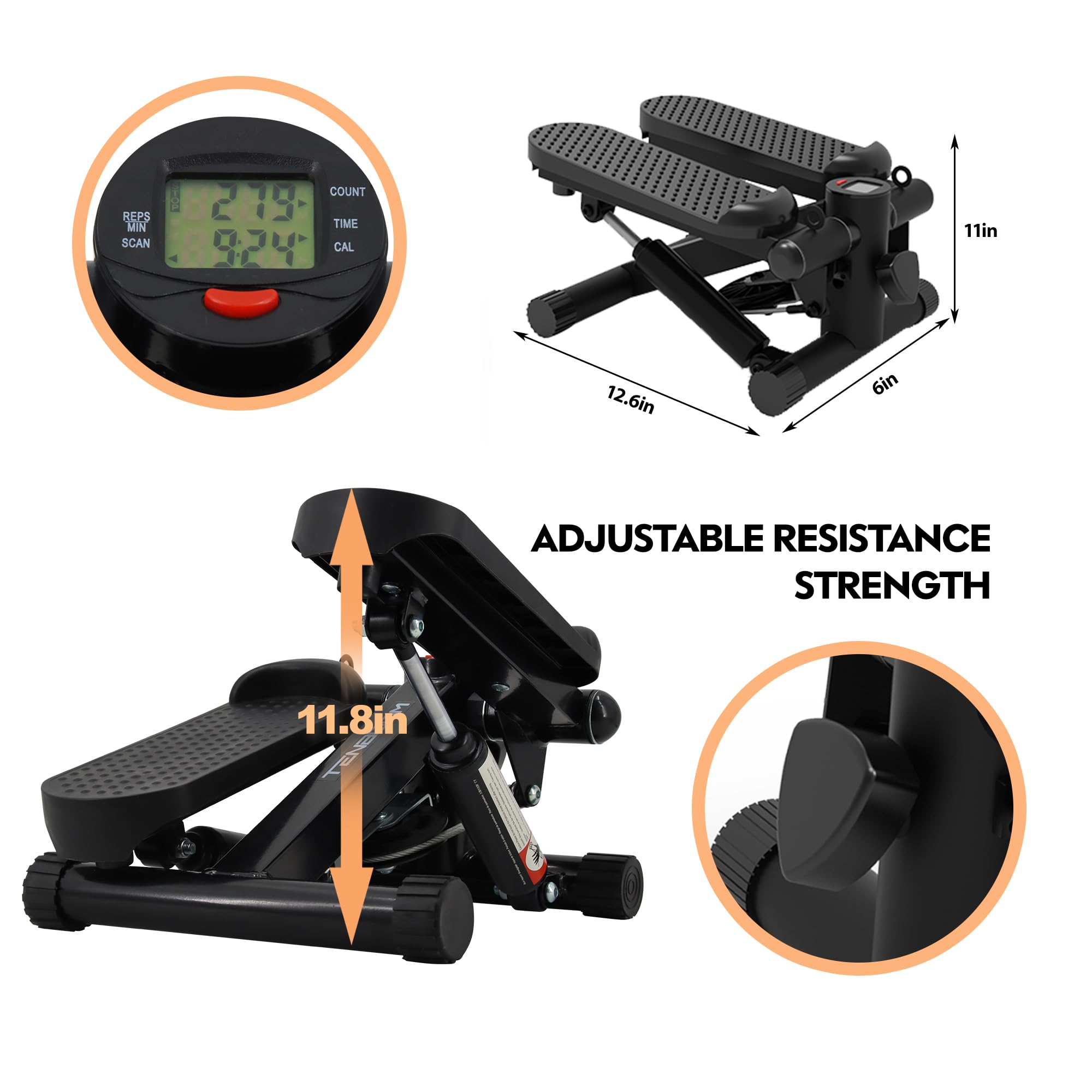 Steppers for Exercise - Stair Stepper with Resistance Bands, 300LBS Capacity Hydraulic Fitness Stepper with LCD Monitor - Perfect for Home Workouts, Office Fitness & Low-Impact Cardio Training