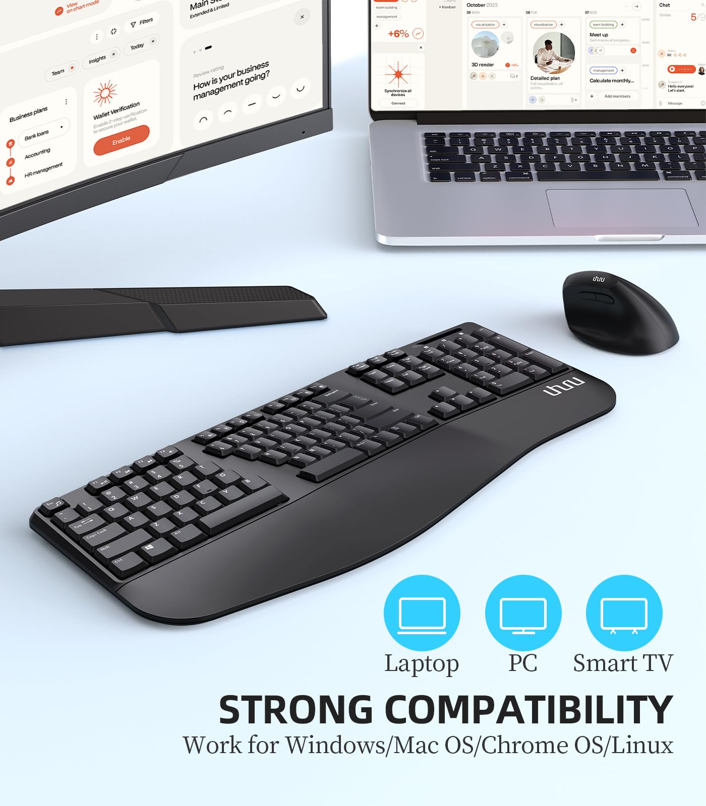 UHURU UEKM-20 Wireless Ergonomic Keyboard and Mouse Combo - Split Design with Palm Rest for Natural Typing, Compatible with Windows & Mac - Perfect for Office Work, Gaming, and Long Typing Sessions