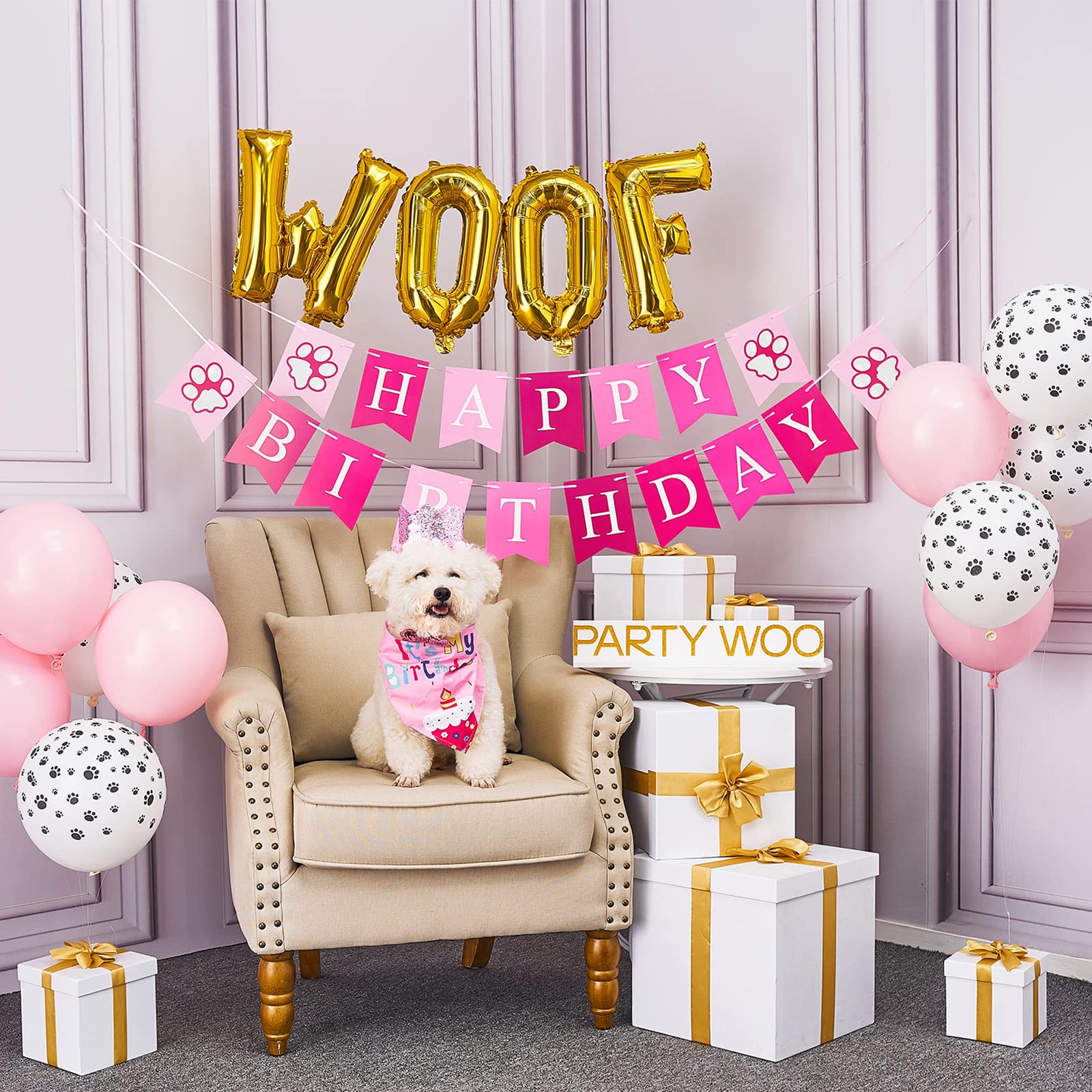 PartyWoo Dog Birthday Party Supplies Set - 15pcs Pink Dog Party Decorations Including Birthday Bandana, Hat, Banner & Balloons for Small & Medium Dogs | Perfect for Pet Birthday Celebrations, Puppy Parties & Dog-Themed Events
