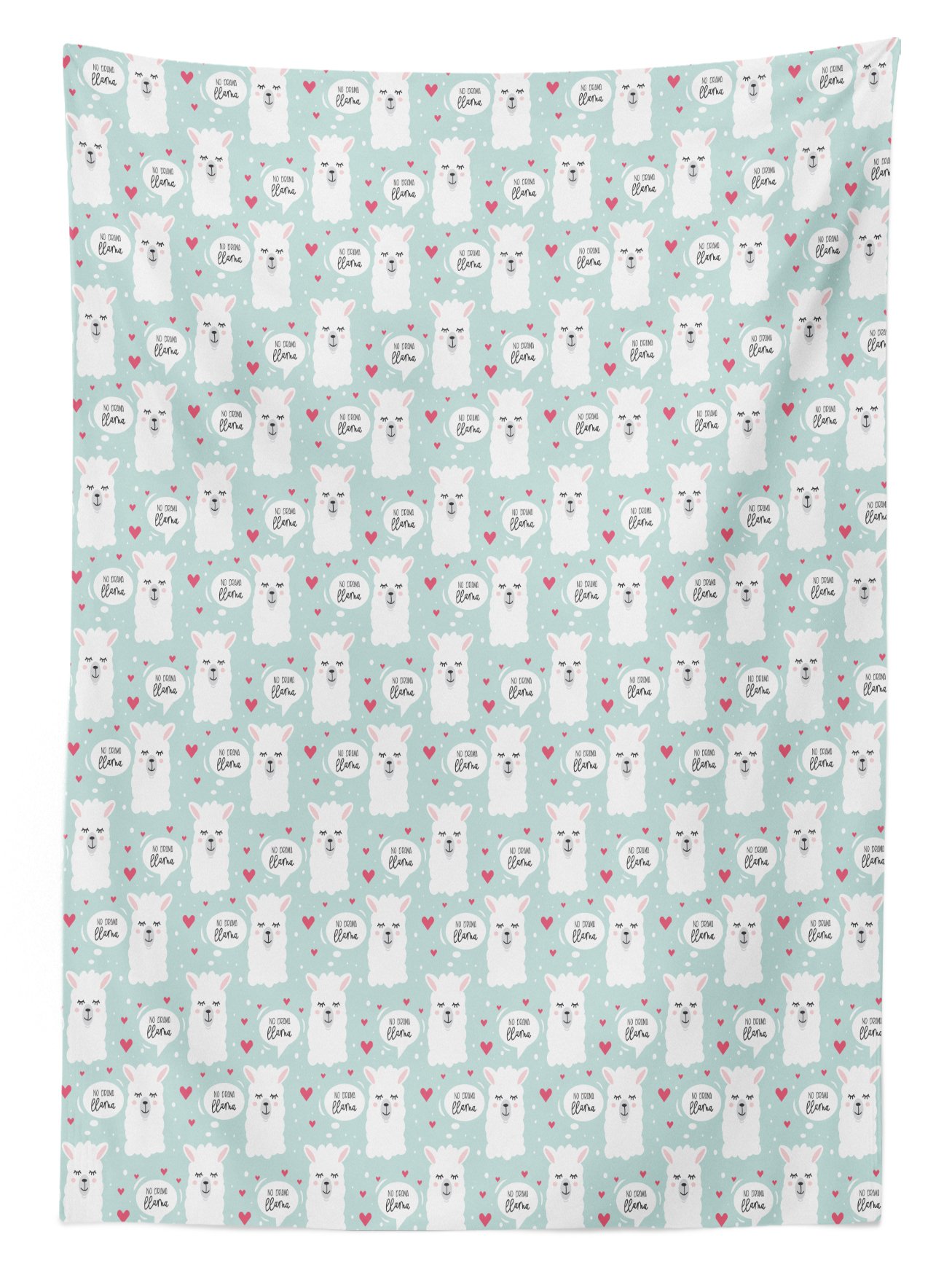 Washable Outdoor Picnic Tablecloth - Hearts & Fluffy Alpaca Design with No Drama Llama Motto in Thought Bubbles, 58x104 Inch, Almond Green Pink White - Perfect for Backyard BBQs, Picnics & Outdoor Dining Decor