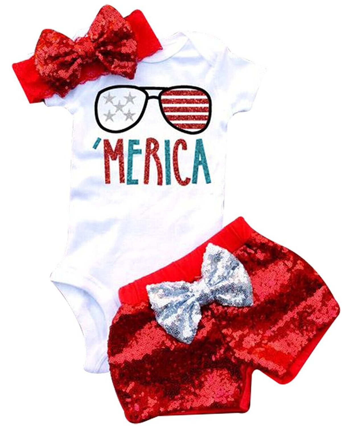 UNIQUEONE 3Pcs Baby Girls American Flag Stars Print Romper Bodysuit with Sequins Shorts & Headbands Set - Patriotic Outfit for 4th of July, Memorial Day & Independence Day Celebrations