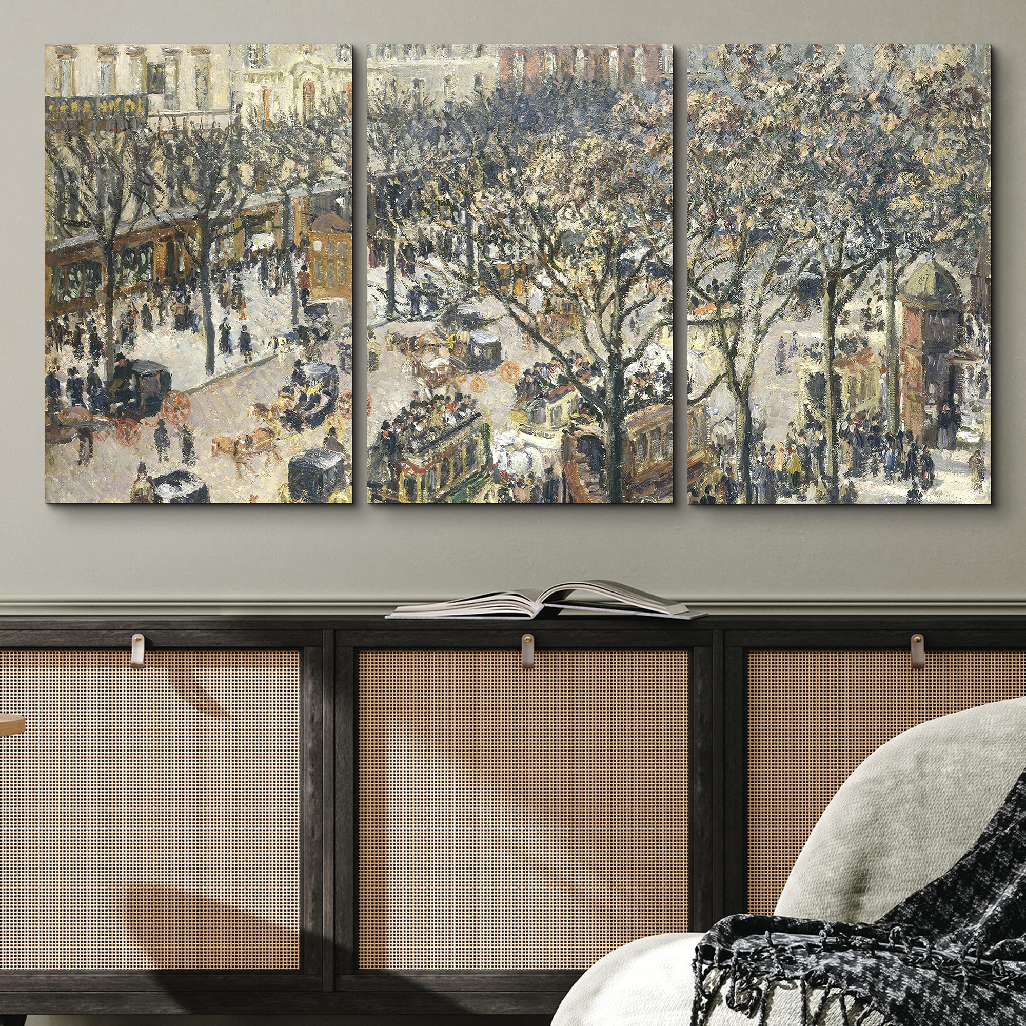 Wall26 Camille Pissarro Boulevard Montmartre Morning Oil Painting Reproduction - 3 Panel Canvas Wall Art Set (24x36 Inches) for Living Room, Bedroom & Office Decor | French Impressionist Artwork | Home & Office Wall Decor