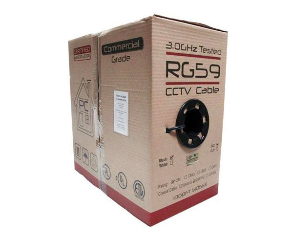 1000ft RG59 Coaxial Cable for CCTV - 20 AWG Bare Copper Core with 95% CCA Braid Shielding (Black/White) - Ideal for Security Cameras, Surveillance Systems & TV Antennas