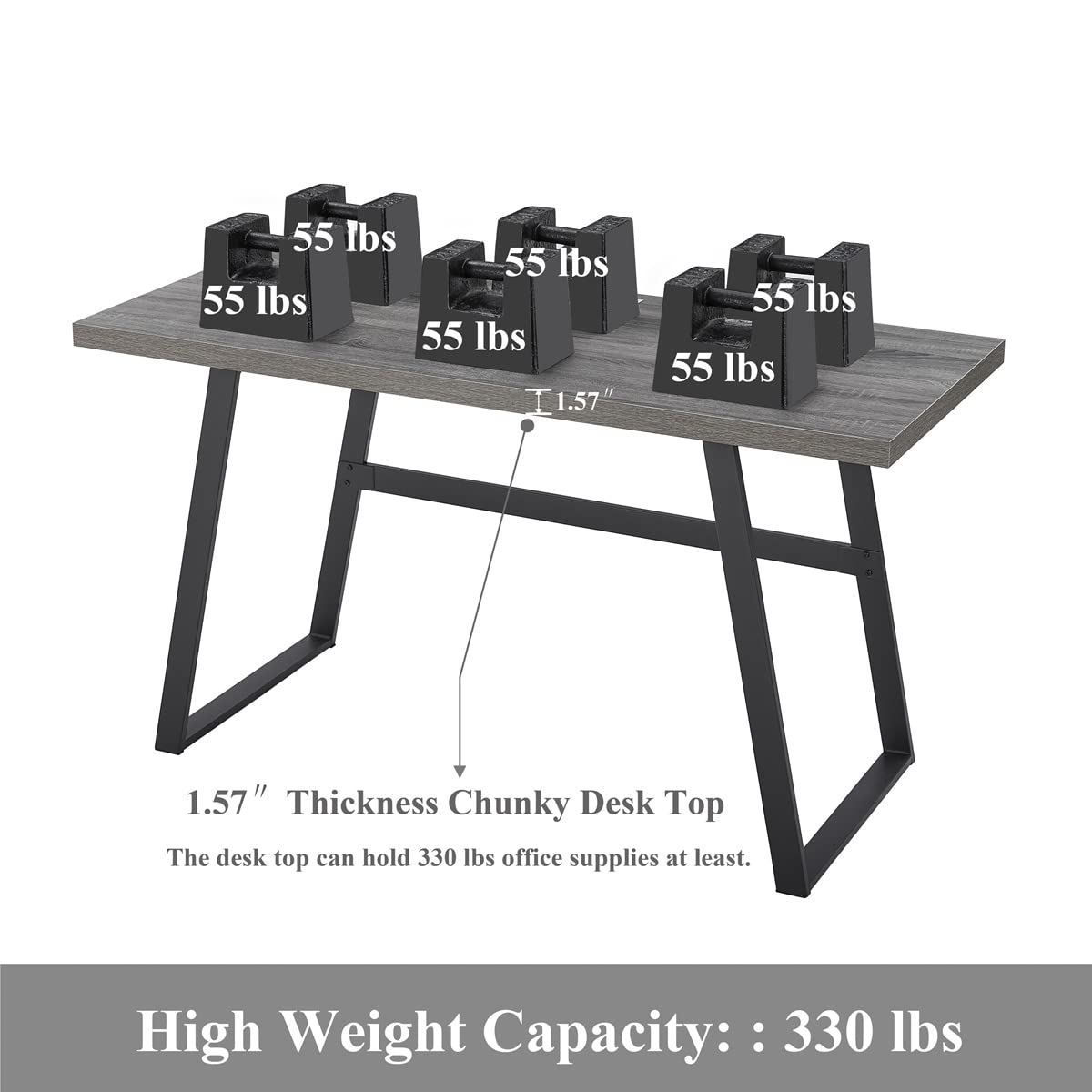 BON AUGURE 55 Inch Computer Desk - Wood & Metal Home Office Workstation (Dark Grey Oak) for Study & Workspace