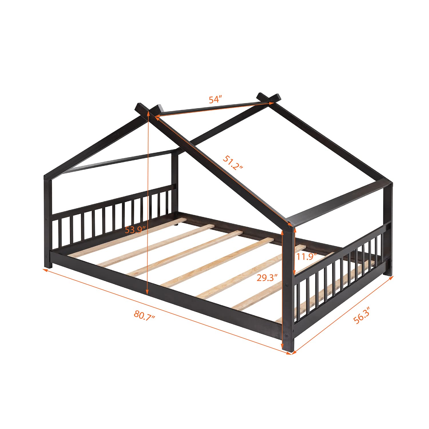 **Solid Wood Full Size House Bed Frame with Roof & Headboard - Low Platform Bed for Kids, Teens & Adults - No Box Spring Needed - Espresso Finish - Perfect for Nursery, Bedroom & Playroom Decor**