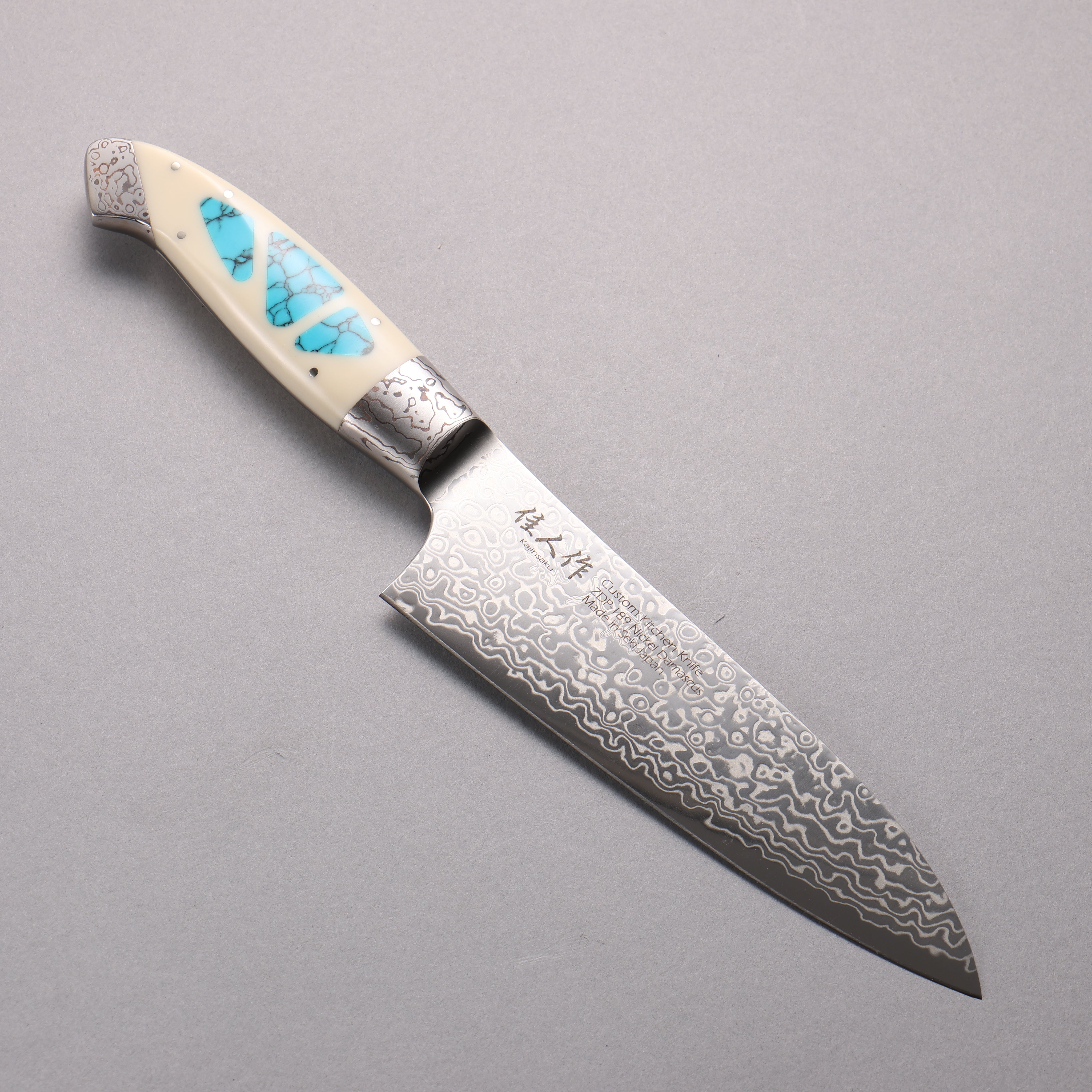 Premium Kajin ZDP-189 Damascus Steel Santoku Knife 165mm - Corian Handle with Turquoise Inlay - Japanese Kitchen Knife for Slicing, Dicing & Chopping Vegetables, Meat & Fish - Perfect Gift for Chefs & Cooking Enthusiasts