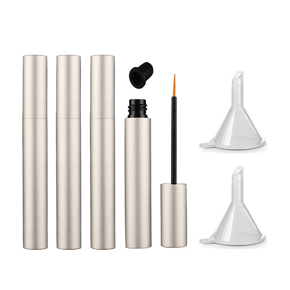 4 Pack 5ml Refillable Aluminum Eyeliner Tubes with Brush - Matte Silver Eyelash Growth Oil & Mascara Bottles, Includes 2 Mini Funnels for Easy Refilling | Perfect for DIY Beauty, Travel & Professional Salon Use