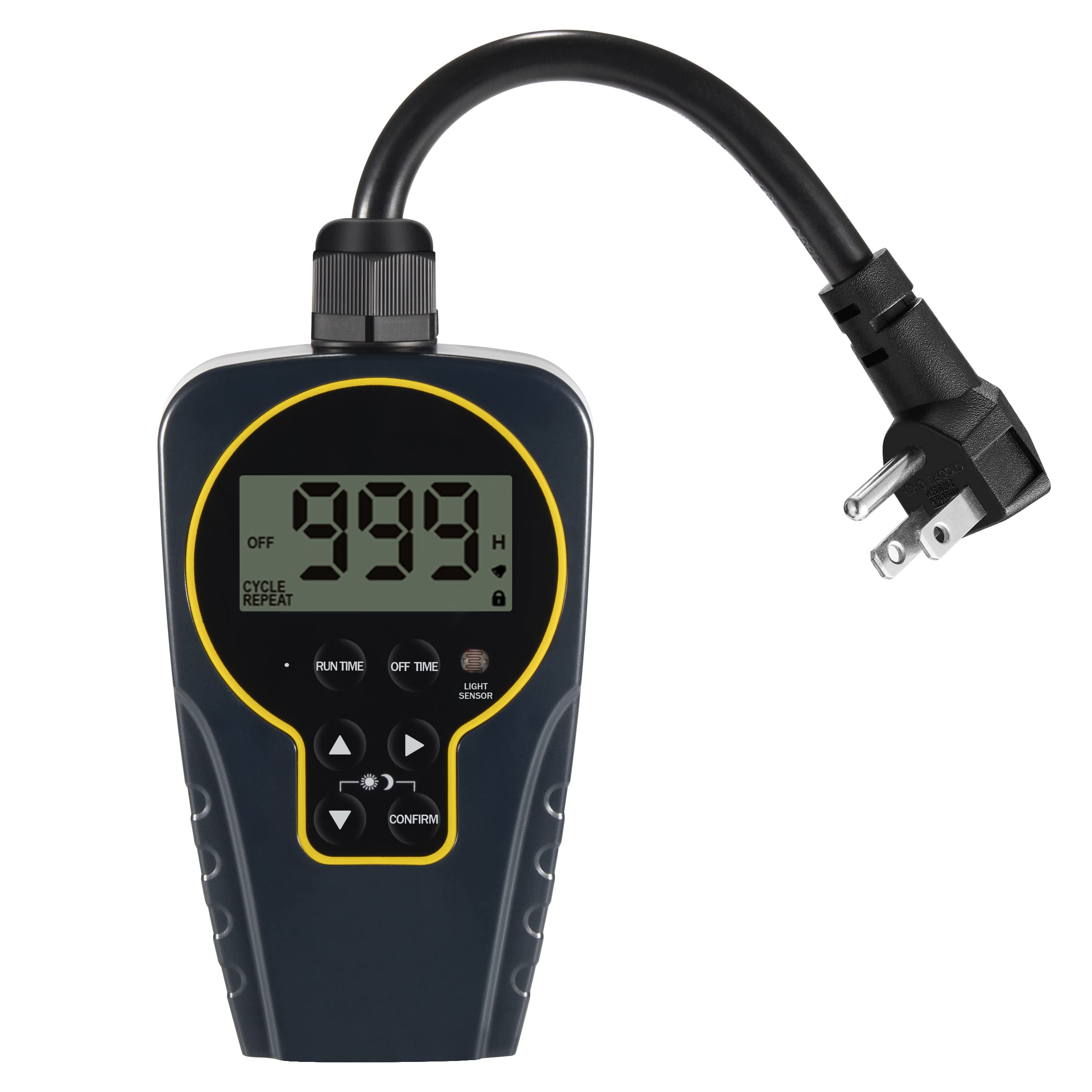 1s to 999h Adjustable Digital Timer Plug - Outdoor Waterproof Electrical Outlet with Countdown & Light Sensor - Perfect for Holiday Lights, Aquariums, and Garden Irrigation (15A 1HP)