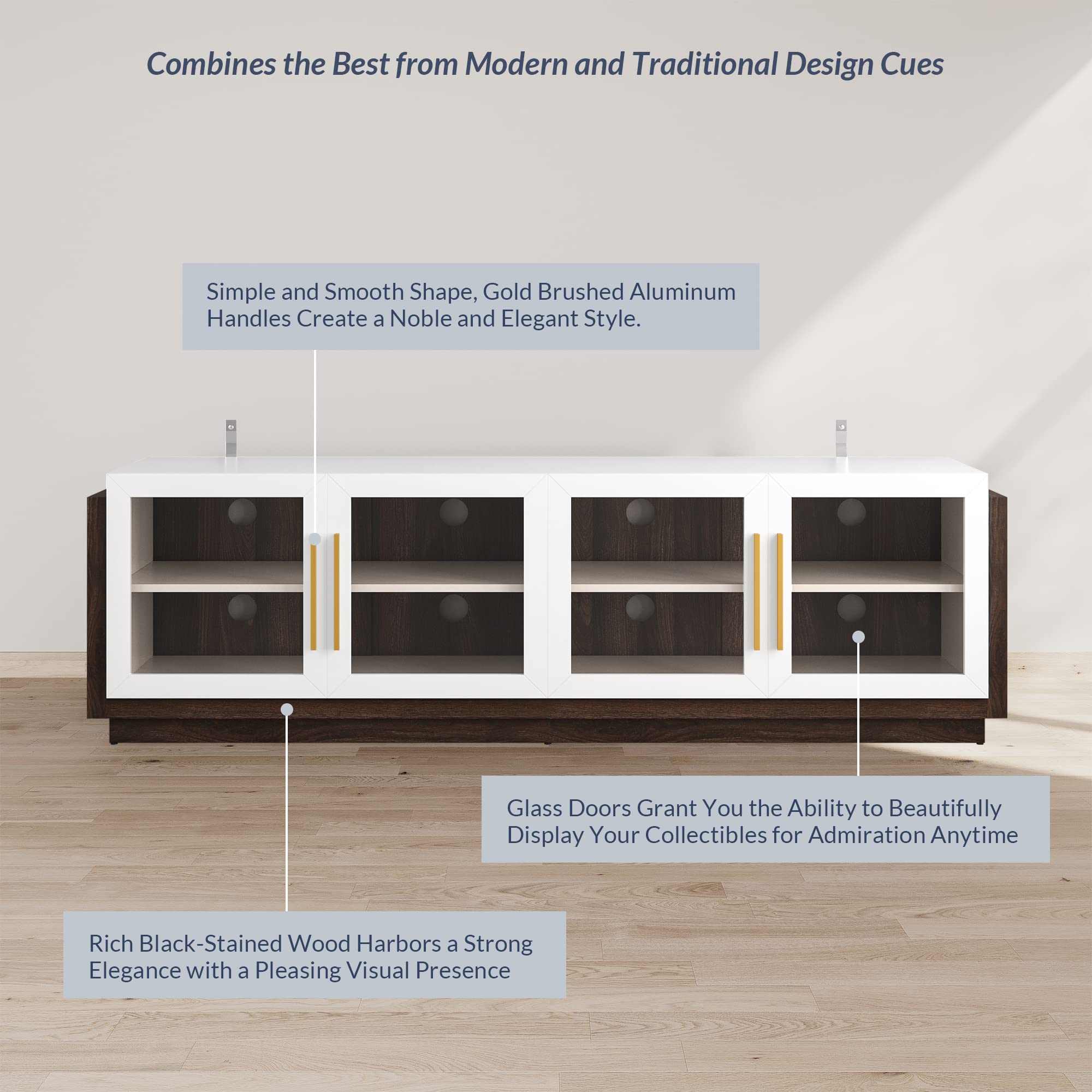 BELLEZE 70 Inch TV Stand for 75 Inch TVs - Modern Wood Entertainment Center with Storage Shelves, Media Console Cabinet for Living Room & Bedroom - White Brixston Style | Perfect for Home Theater Setup & Living Room Organization