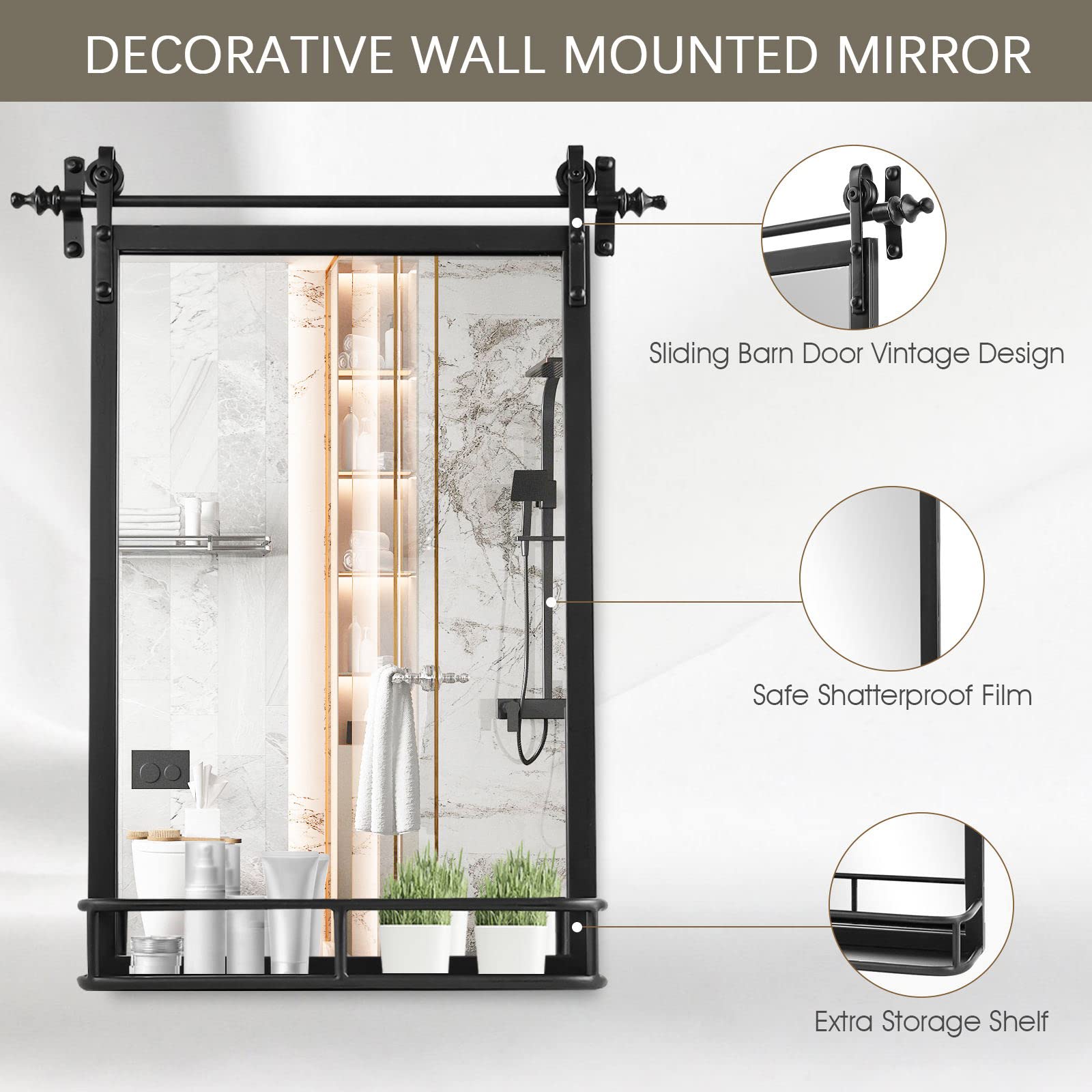Farmhouse Iron Framed Wall Mirror with Shelf - 30