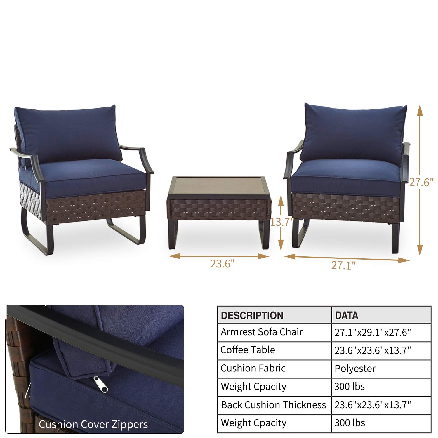 PatioFestival 3-Piece All-Weather Wicker Outdoor Bistro Set with 8.66