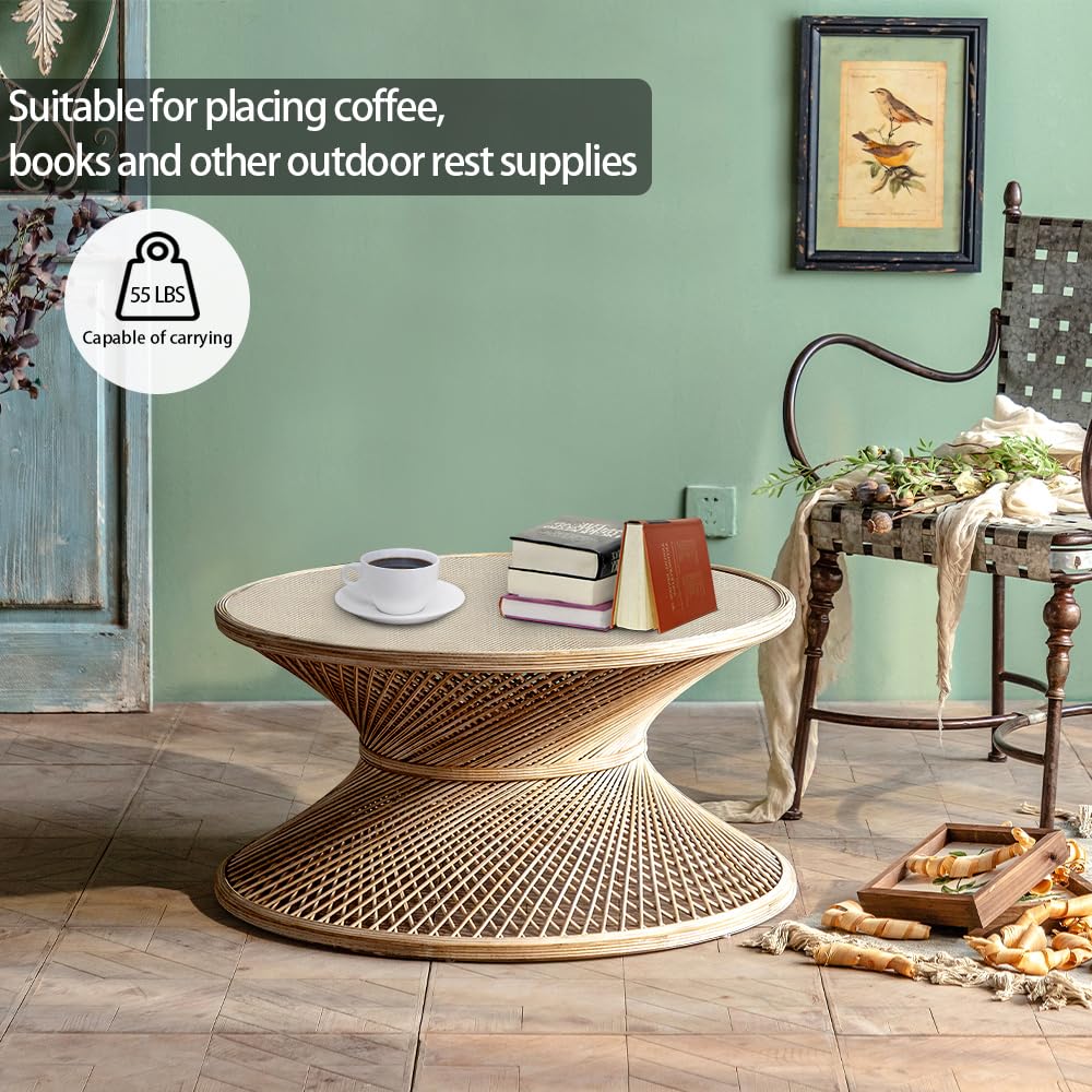 Round Rattan Coffee Table - Natural Woven Rattan End Table for Living Room, Patio, or Indoor Decor - Perfect for Coffee, Books, and Plants (Table Only)